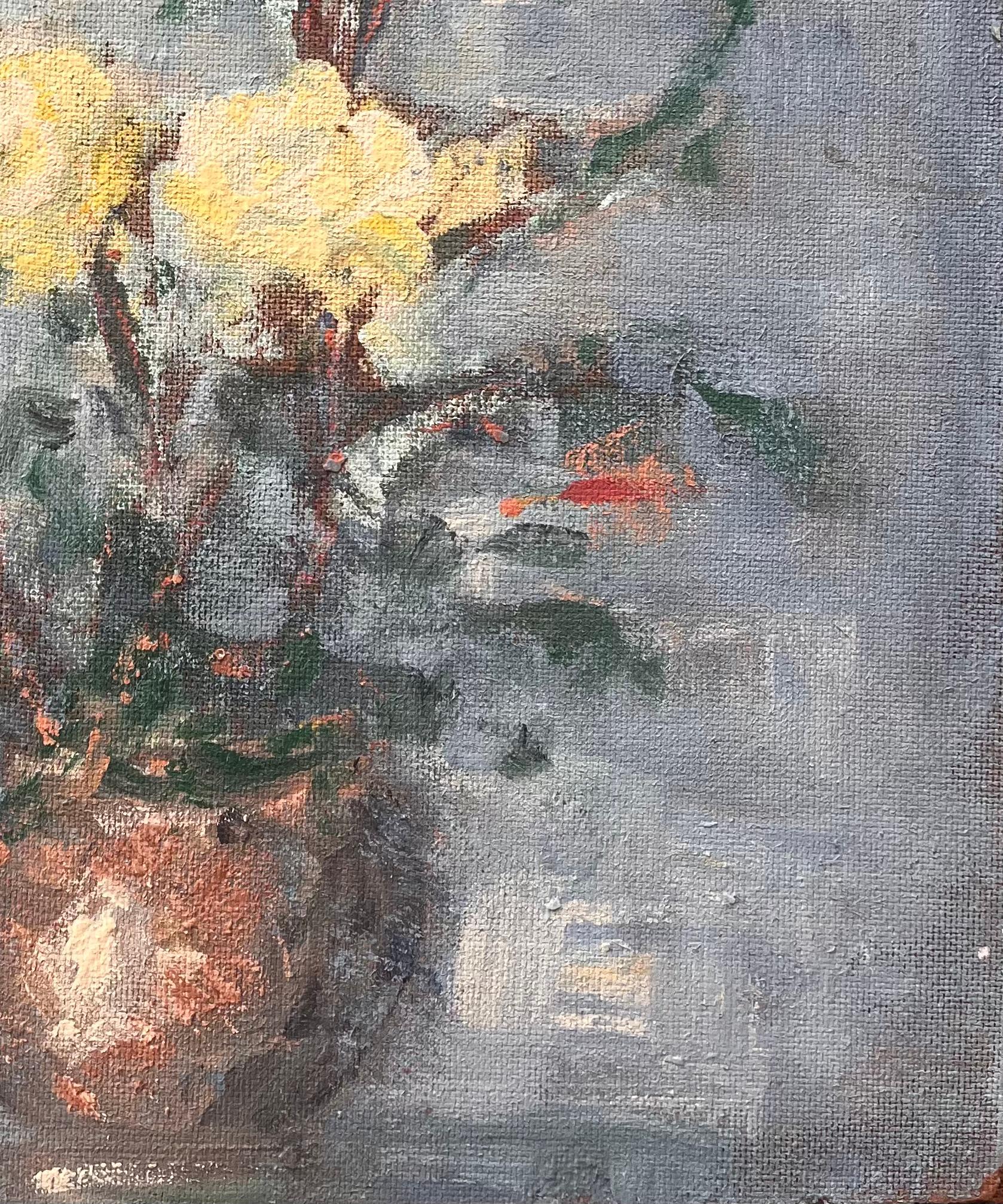 Französisches impressionistisches Stillleben mit gelben und roten Rosen in Kupfervase (Impressionismus), Painting, von Fanch Lel
