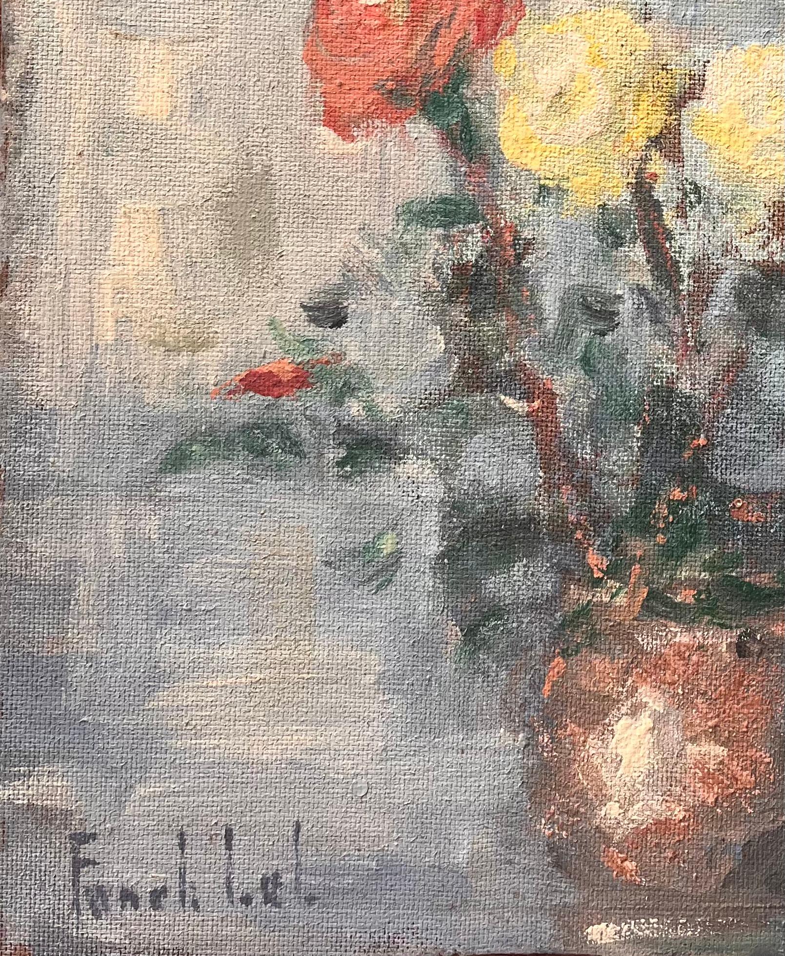 Französisches impressionistisches Stillleben mit gelben und roten Rosen in Kupfervase (Grau), Abstract Painting, von Fanch Lel