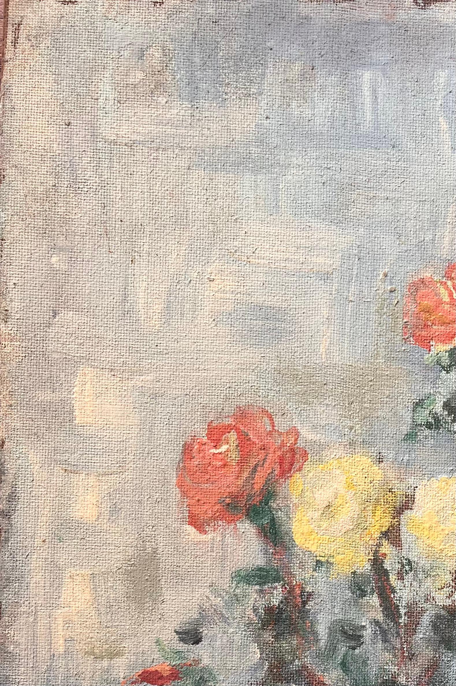 Titel: Französischer Impressionismus - Stilleben mit gelben und roten Rosen in Kupfervase
Von Fanch Lel
Unterschrieben: Ja
Größe: 16,25 x 13 Zoll (Höhe x Breite)
Ölgemälde auf Karton, ungerahmt
Zustand: Das Gemälde ist in gutem Zustand mit leichten