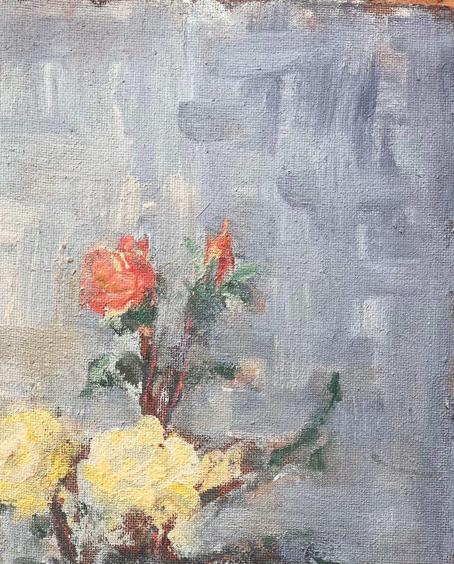 Französisches impressionistisches Stillleben mit gelben und roten Rosen in Kupfervase im Angebot 1