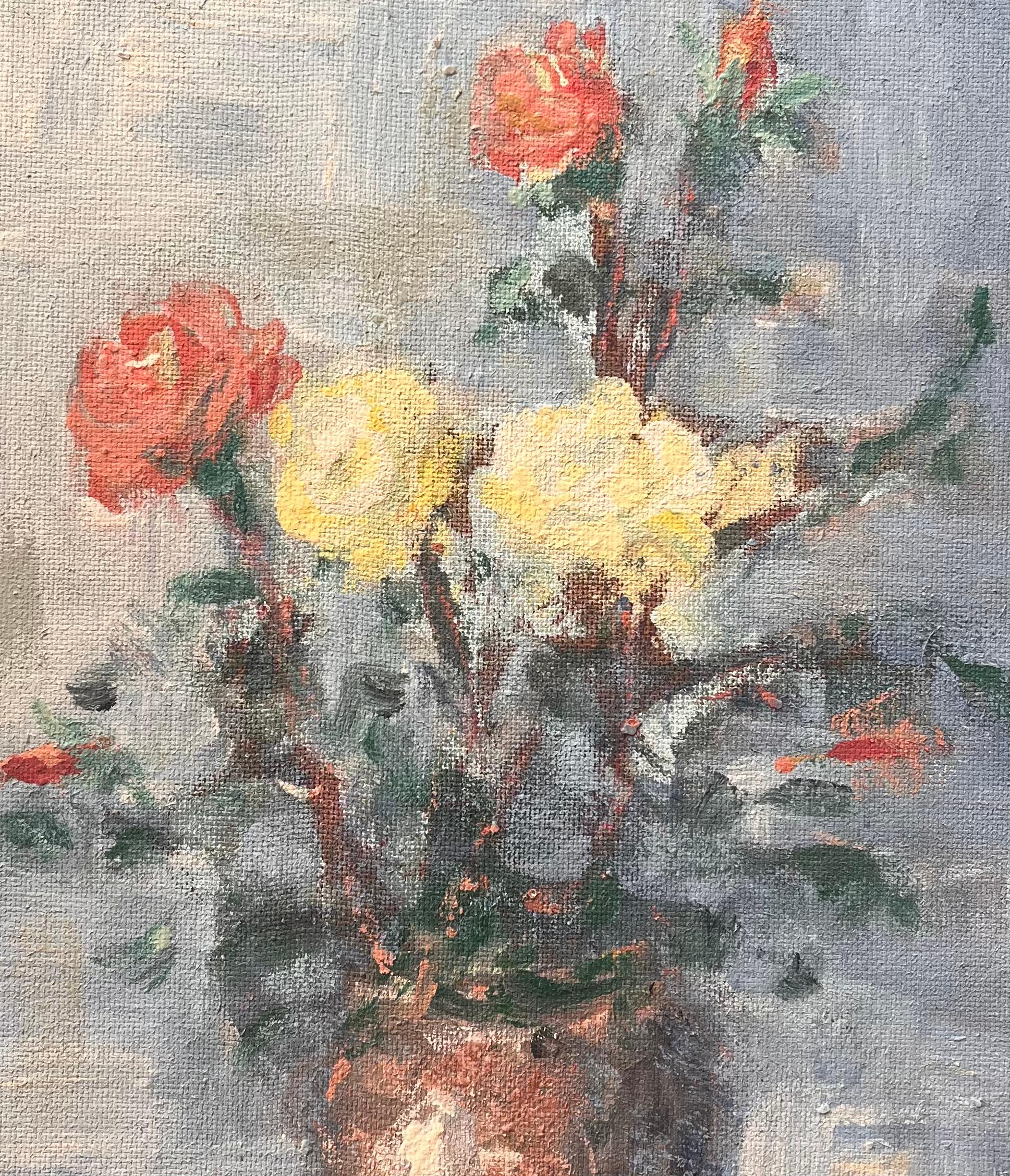 Französisches impressionistisches Stillleben mit gelben und roten Rosen in Kupfervase im Angebot 2