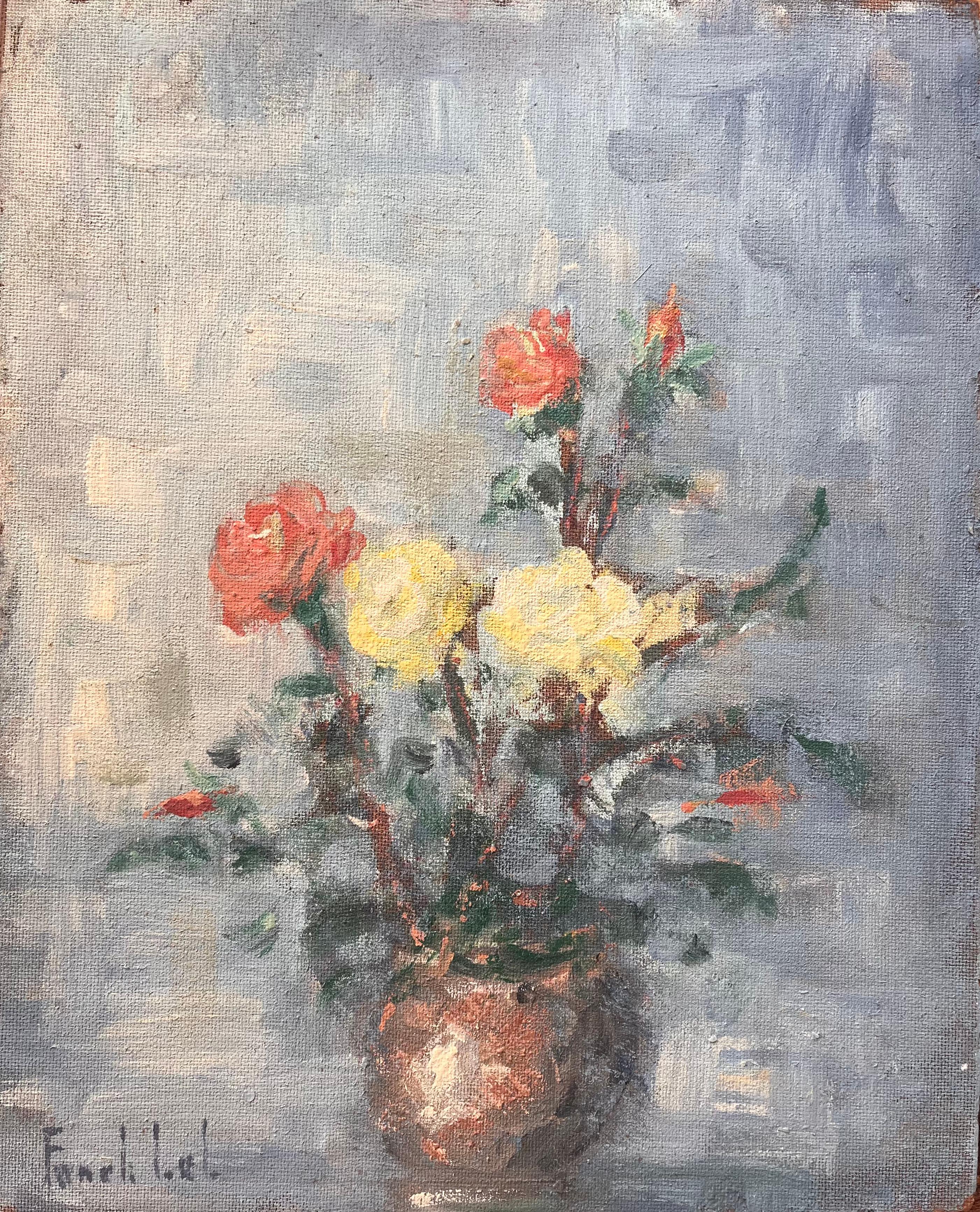Nature morte impressionniste française de roses jaunes et rouges dans un vase en cuivre