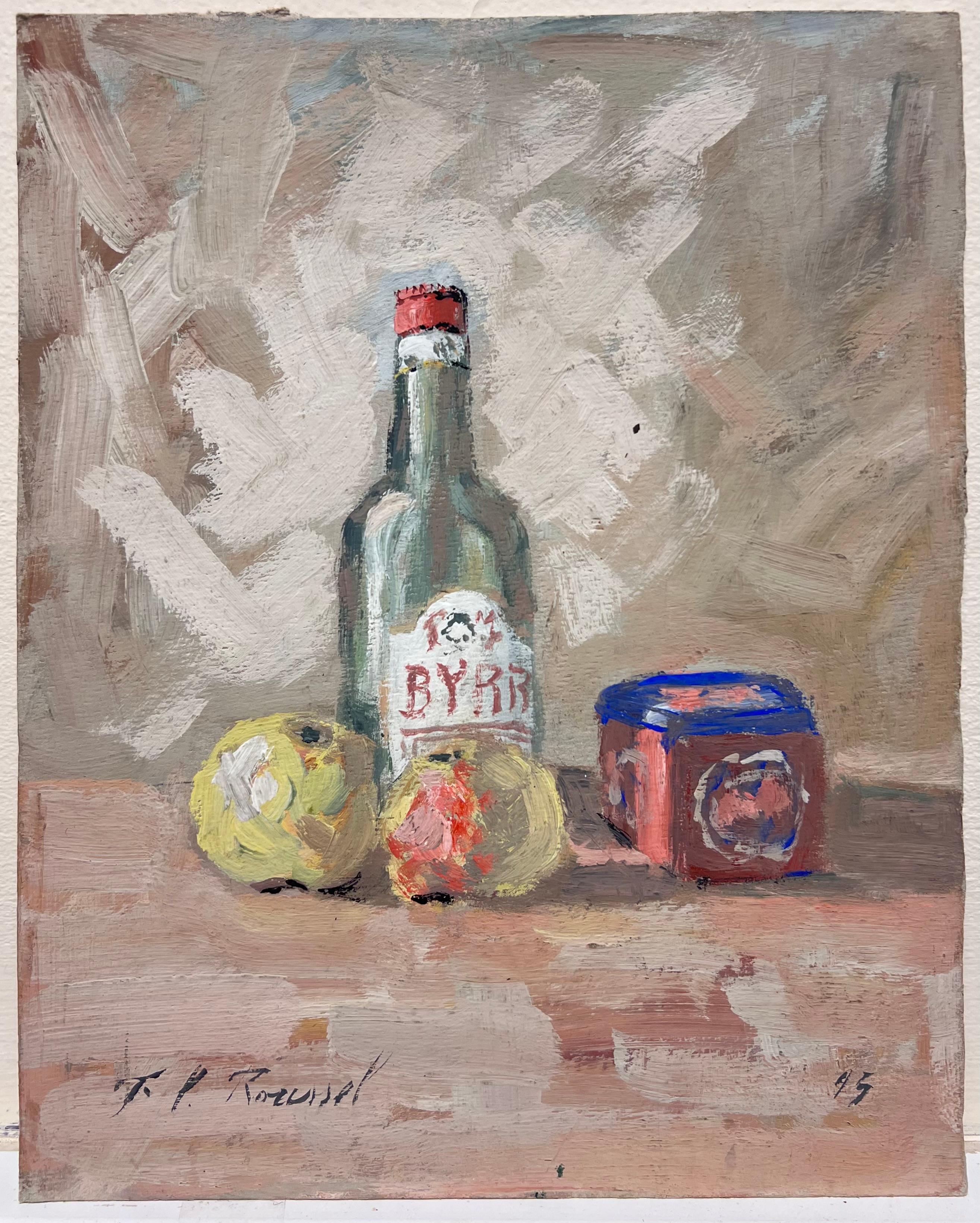 Französisches impressionistisches Stillleben mit Byrrh-Flasche und Früchten – Painting von Fanch Lel