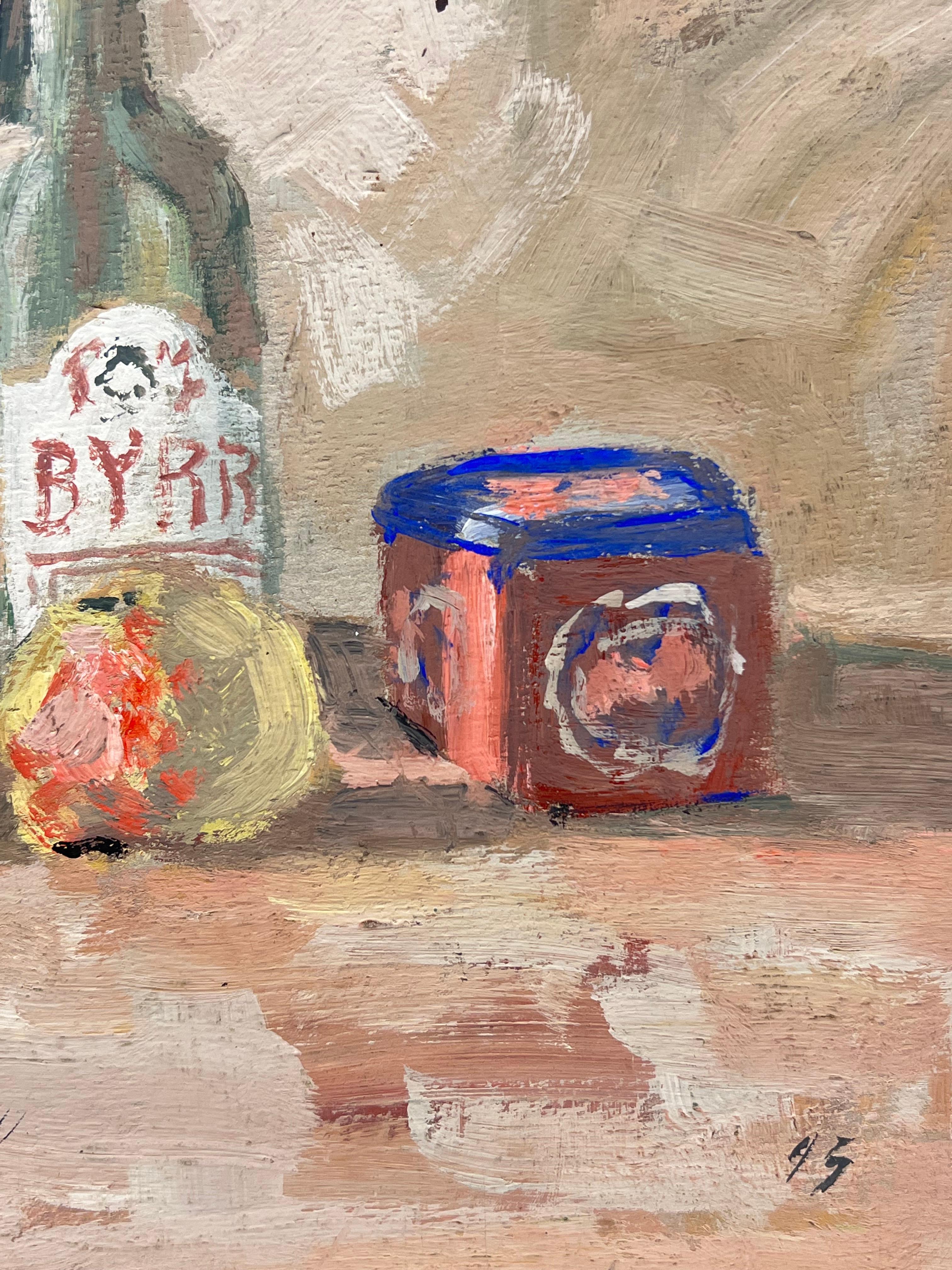 Französisches impressionistisches Stillleben mit Byrrh-Flasche und Früchten (Impressionismus), Painting, von Fanch Lel