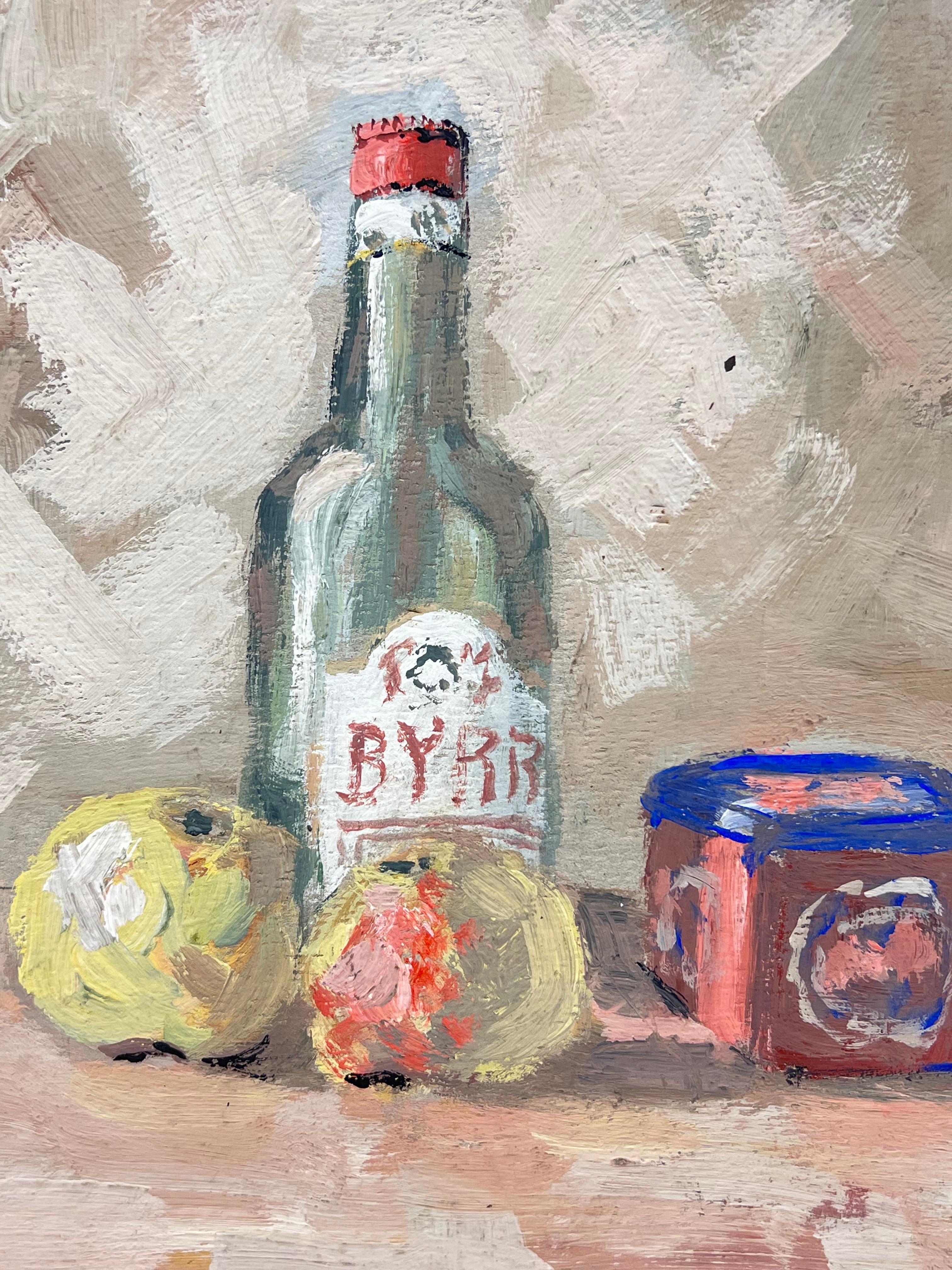 Französisches impressionistisches Stillleben mit Byrrh-Flasche und Früchten (Braun), Still-Life Painting, von Fanch Lel