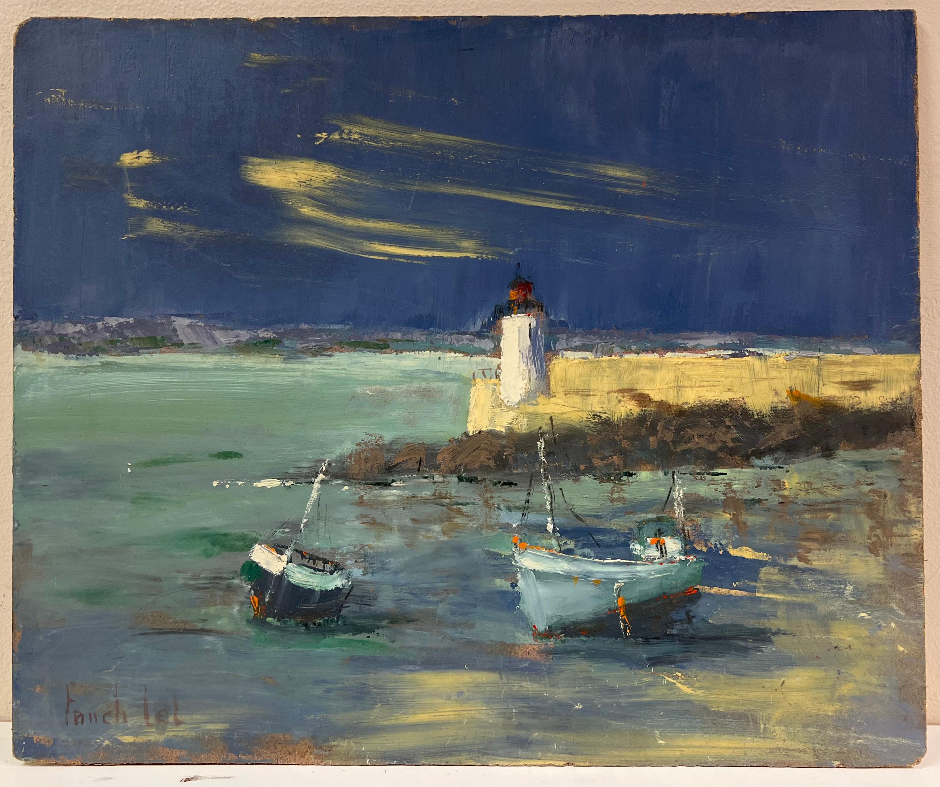 Impressionista francese Serata di tempesta al faro Cielo notturno stellato - Painting di Fanch Lel
