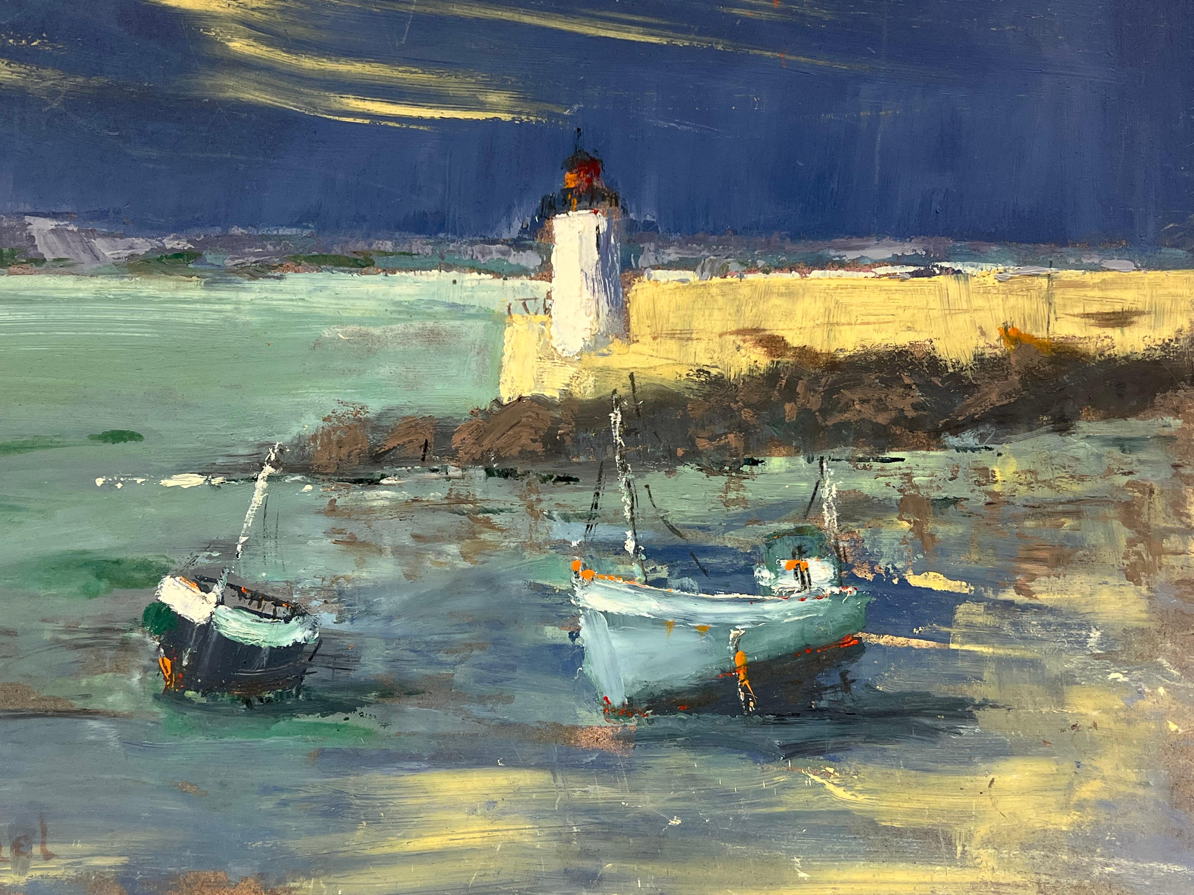 Impressionista francese Serata di tempesta al faro Cielo notturno stellato - Painting Impressionismo di Fanch Lel