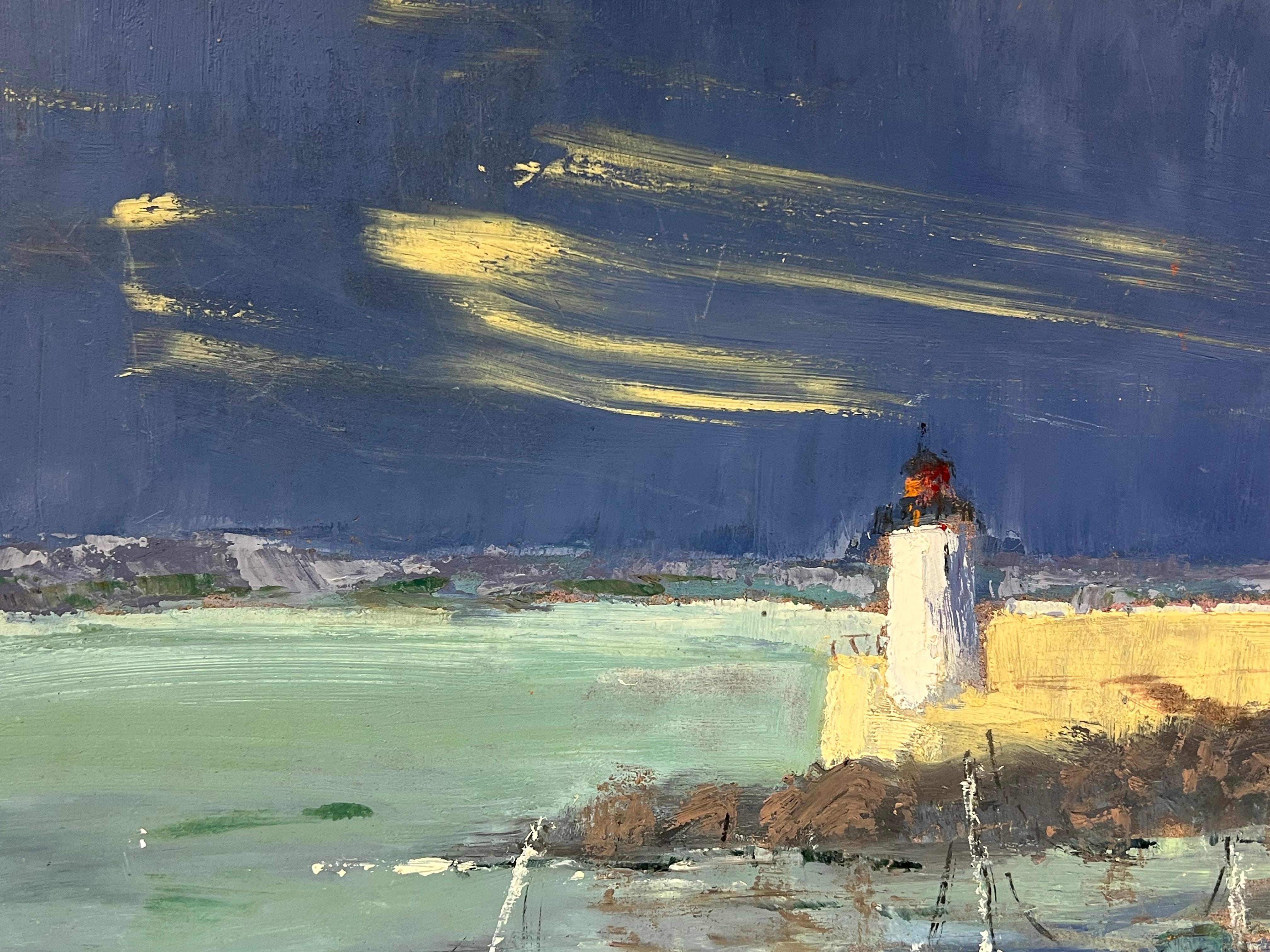 Impressionista francese Serata di tempesta al faro Cielo notturno stellato - Landscape Painting Grigio di Fanch Lel