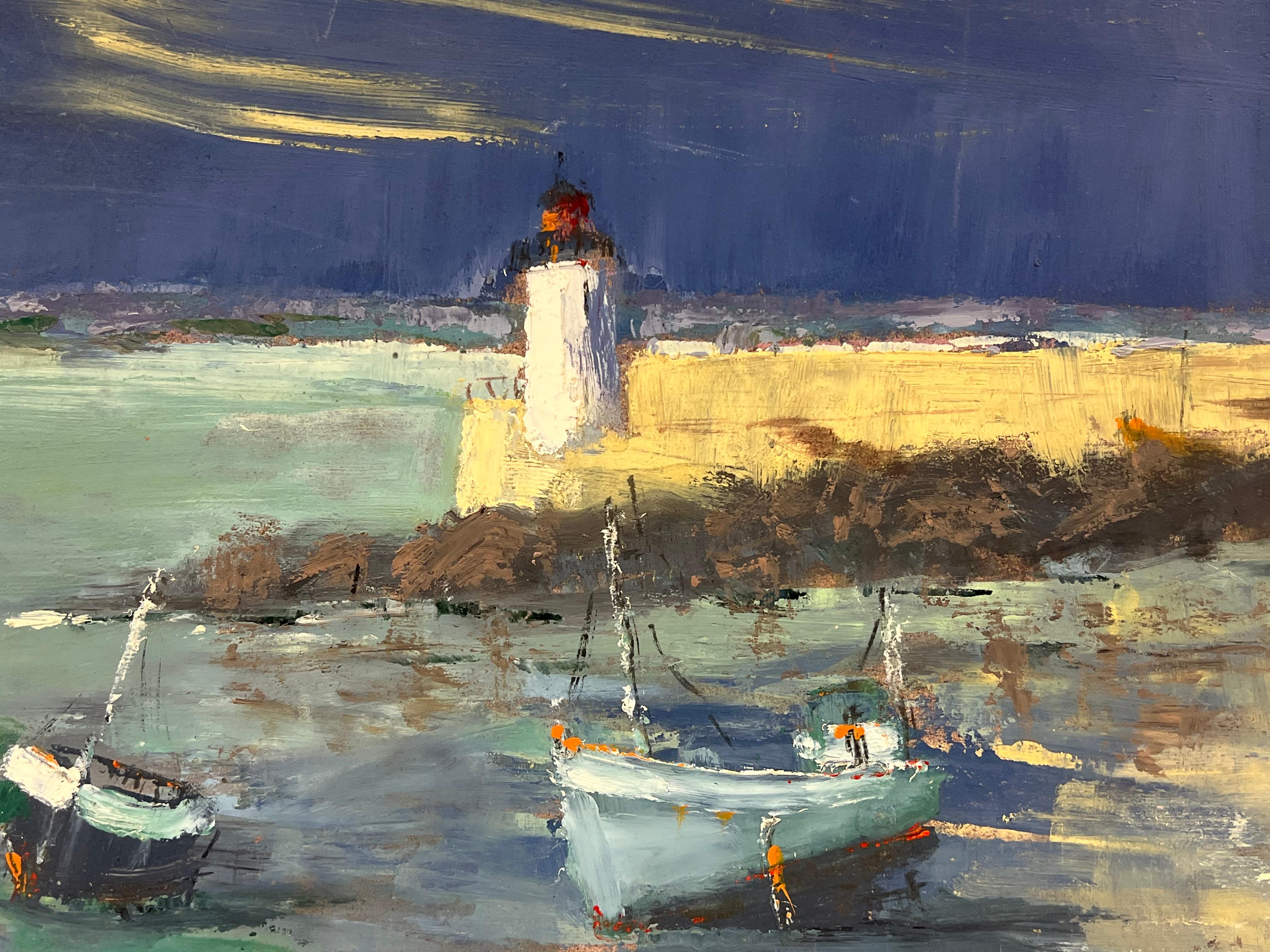 Serata di tempesta al Faro
firmato da Fanch Lel (francese, nato nel 1930)
Dimensioni: 15 x 18 pollici
Pittura a olio su tavola, senza cornice
Condit: Il dipinto è in buone condizioni, con lievi segni di invecchiamento.
Provenienza: Tutti i dipinti
