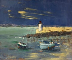 Vintage French Impressionist Stormy Evening at the Lighthouse Starry Night Sky