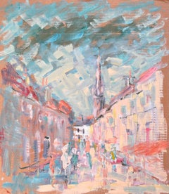 Scena di strada impressionista francese di villaggio in movimento con figure e guglie