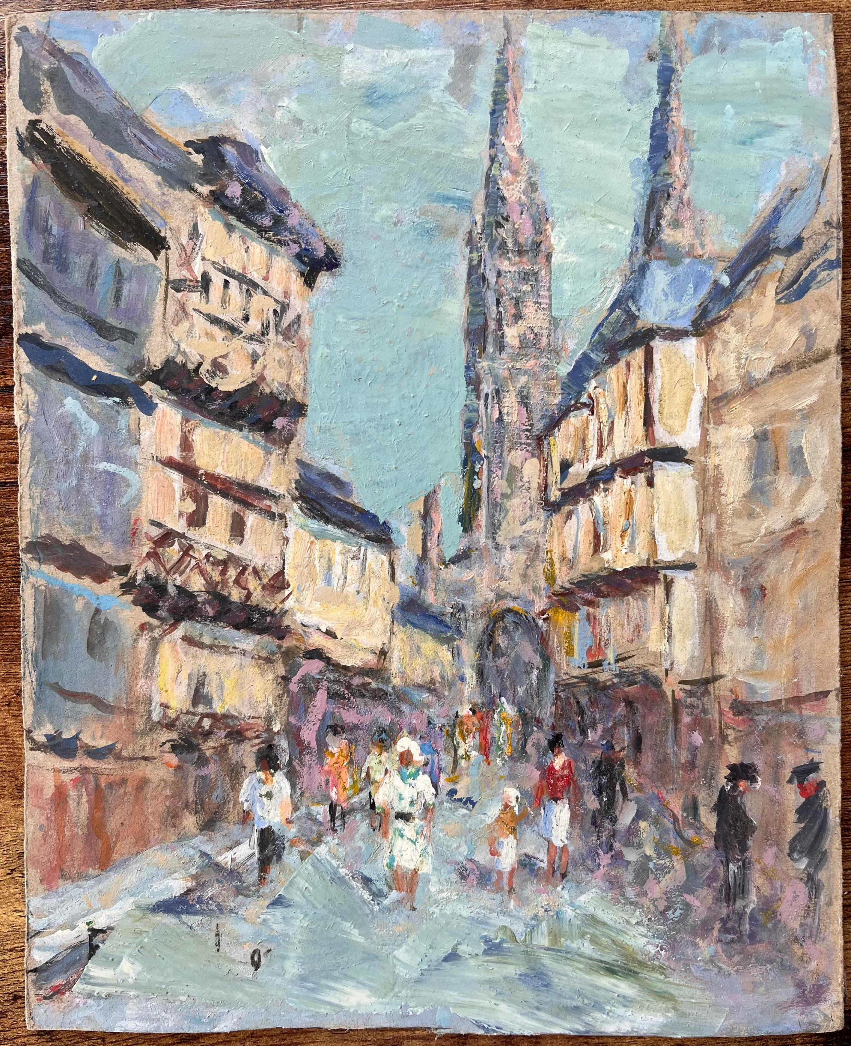 Französischer Impressionismus - Straßenszene mit Kathedrale und Fachwerkhäusern – Painting von Fanch Lel