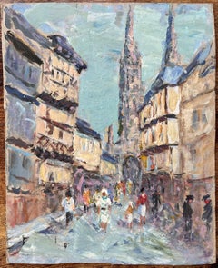 Escena callejera impresionista francesa con catedral y casas con entramado de madera