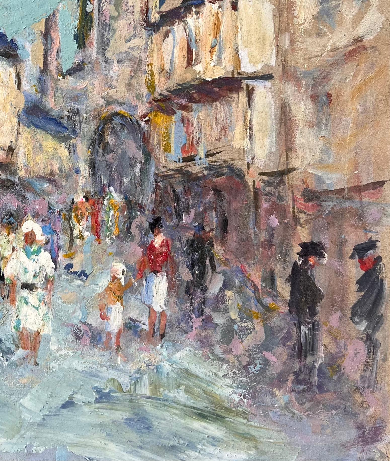 Französischer Impressionismus - Straßenszene mit Kathedrale und Fachwerkhäusern (Grau), Abstract Painting, von Fanch Lel