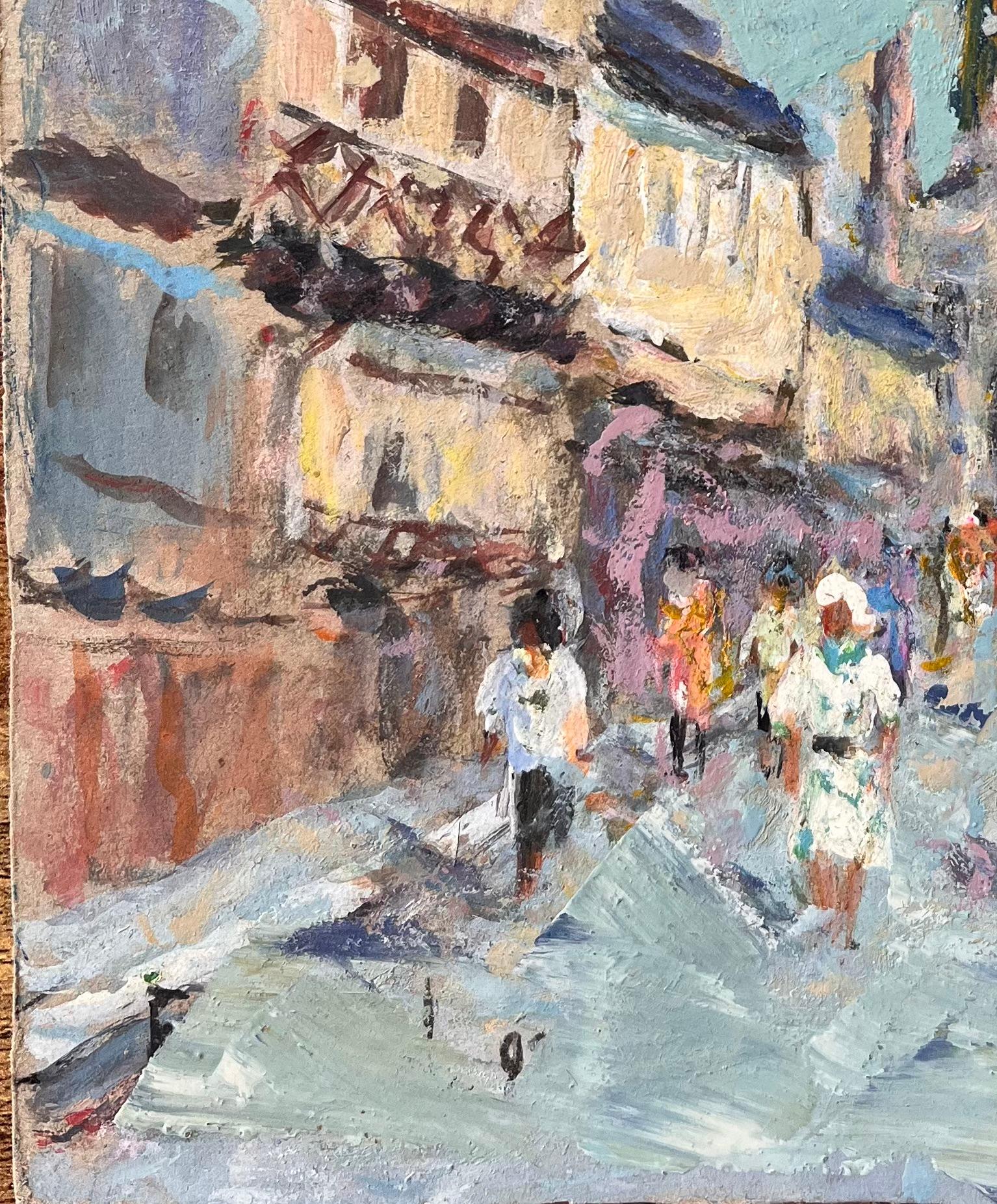 Titel: Französischer Impressionismus - Straßenszene mit Kathedrale und Fachwerkhäusern
Von Fanch Lel
Unterschrieben: Ja
Größe: 10,75 x 8,75 Zoll (Höhe x Breite)
Ölgemälde auf Karton, ungerahmt
Zustand: Das Gemälde ist in gutem Zustand mit