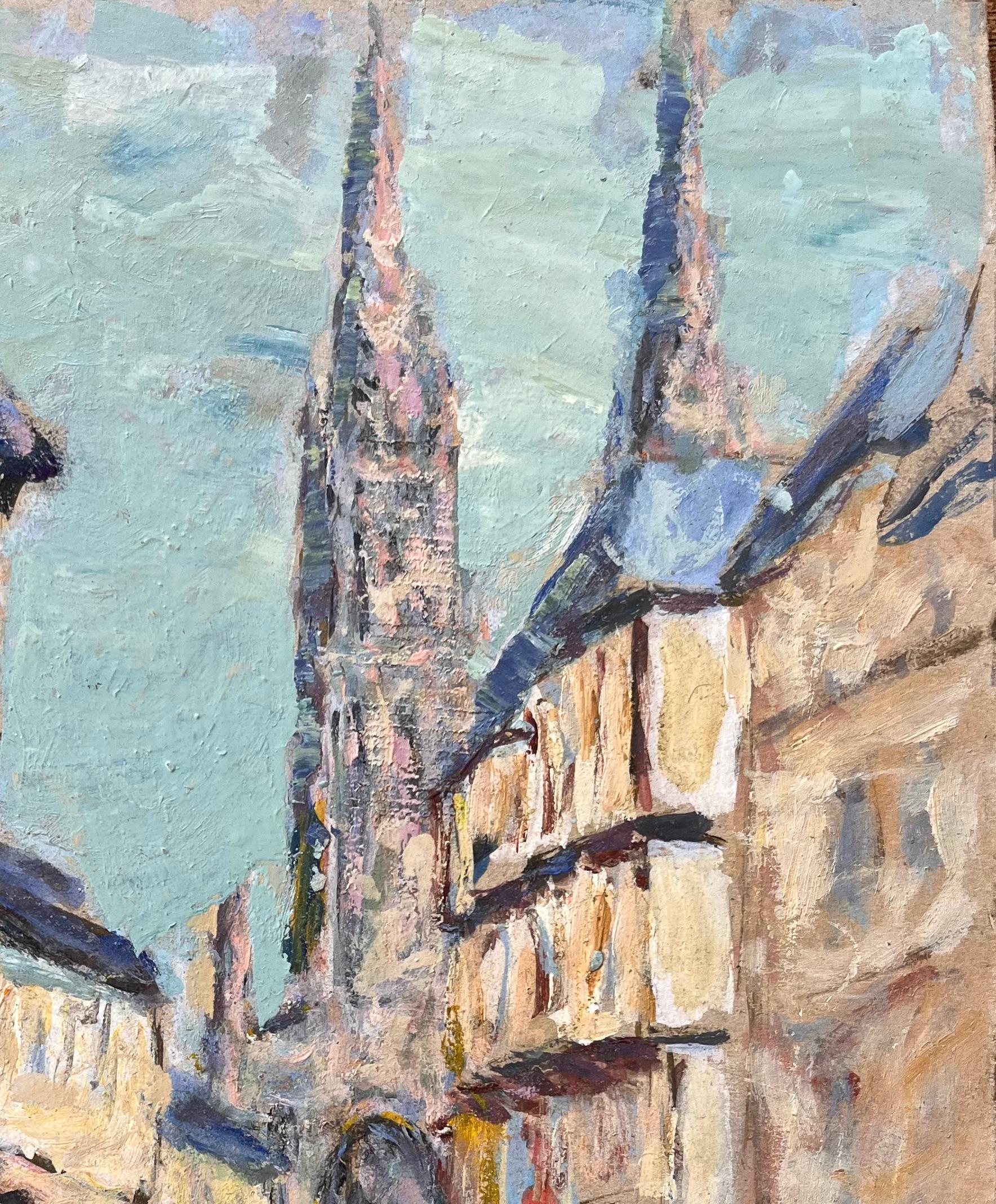 Französischer Impressionismus - Straßenszene mit Kathedrale und Fachwerkhäusern im Angebot 2