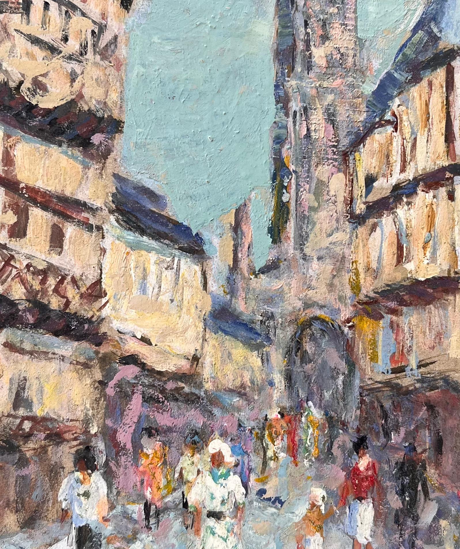 Französischer Impressionismus - Straßenszene mit Kathedrale und Fachwerkhäusern im Angebot 3