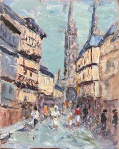 French Impressionist Street Scene with Cathedral and Timbered Houses