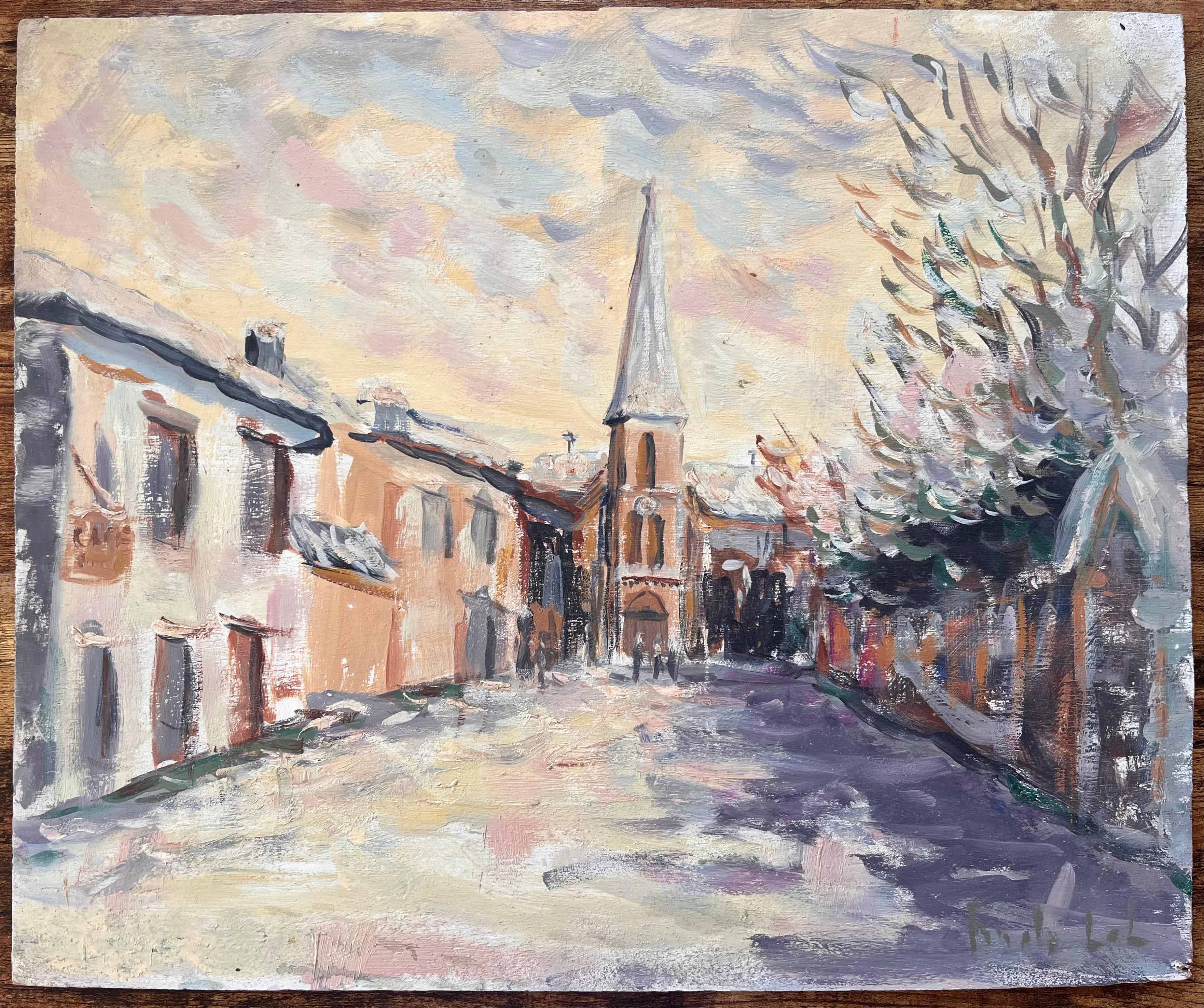 Französischer Impressionist Straßenszene mit Kirche und schneebedeckten Bäumen in der Abenddämmerung – Painting von Fanch Lel