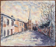 French Impressionist Street Scene with Church and Snow Covered Trees at Dusk