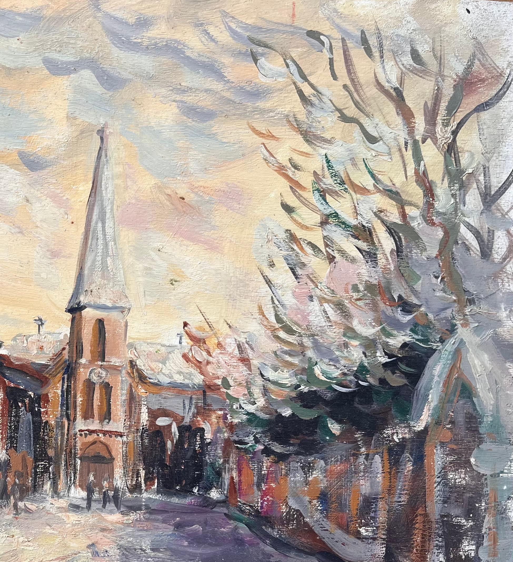 Französischer Impressionist Straßenszene mit Kirche und schneebedeckten Bäumen in der Abenddämmerung (Impressionismus), Painting, von Fanch Lel