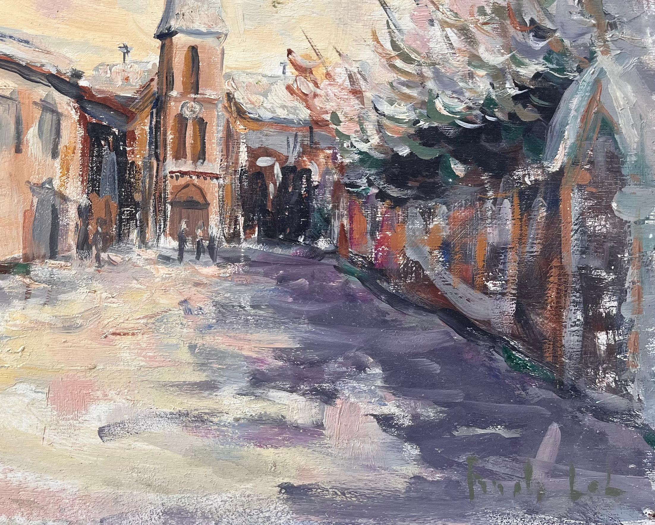 Französischer Impressionist Straßenszene mit Kirche und schneebedeckten Bäumen in der Abenddämmerung (Grau), Abstract Painting, von Fanch Lel