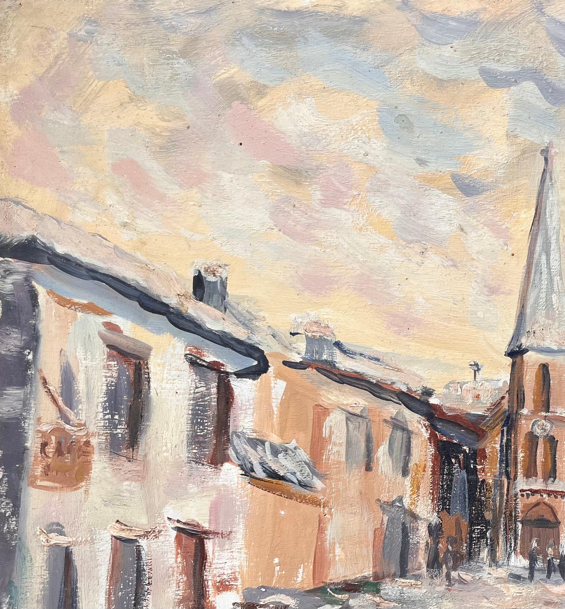 Französischer Impressionist Straßenszene mit Kirche und schneebedeckten Bäumen in der Abenddämmerung im Angebot 1