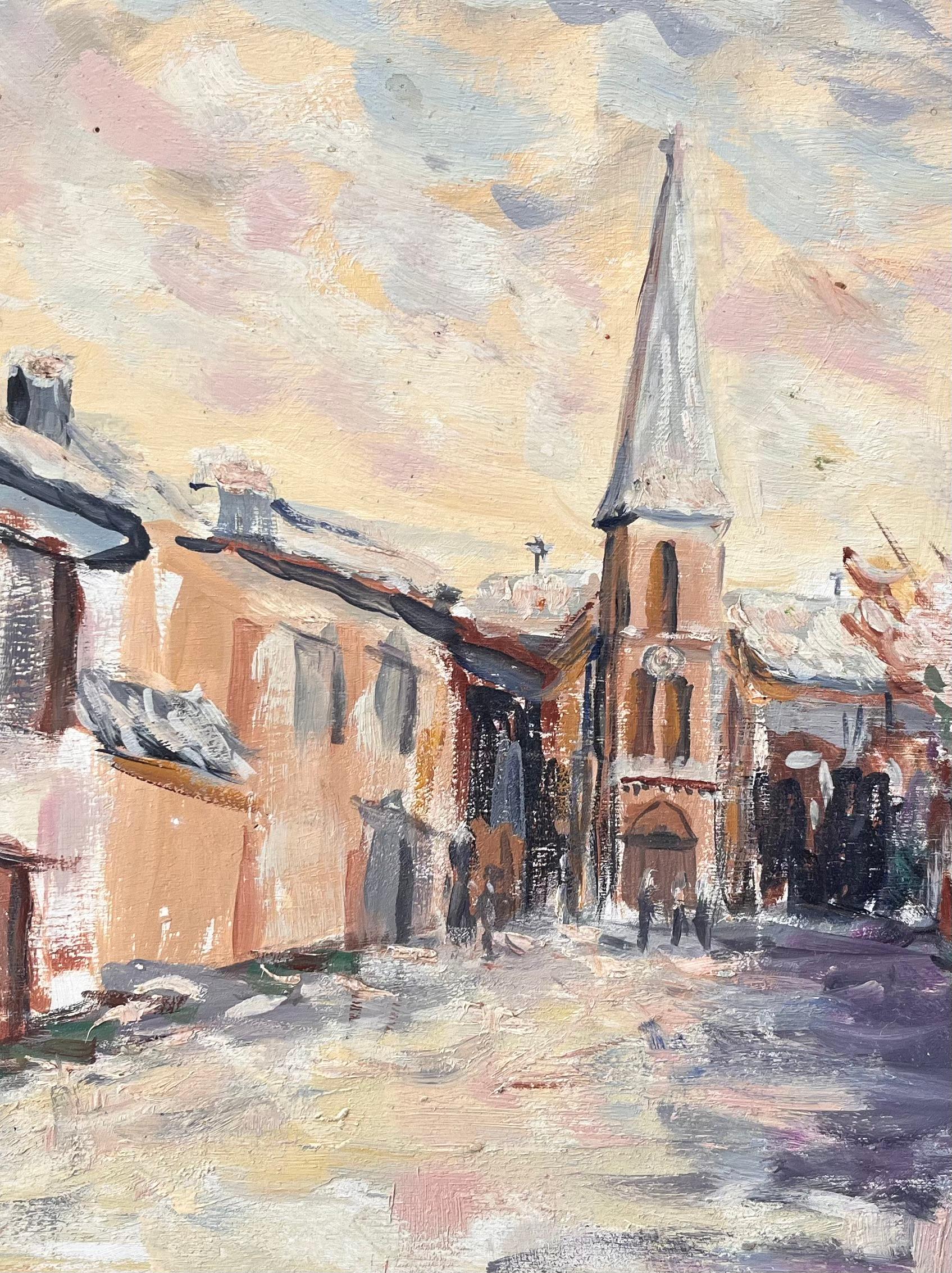 Französischer Impressionist Straßenszene mit Kirche und schneebedeckten Bäumen in der Abenddämmerung im Angebot 2