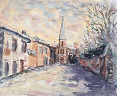 French Impressionist Street Scene with Church and Snow Covered Trees at Dusk
