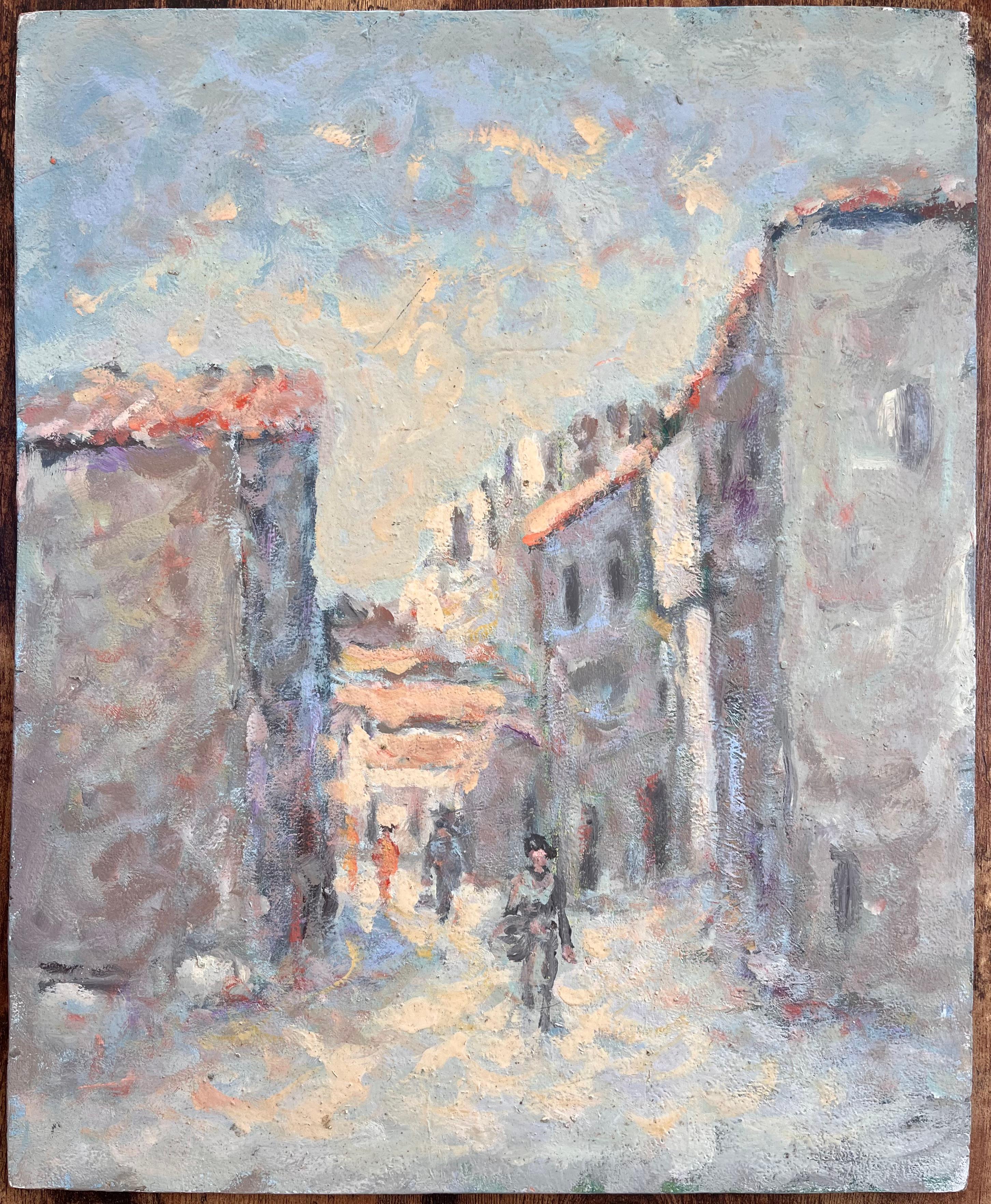 Französischer Impressionismus Straßenszene mit Figuren und sonnenbeschienenen Gebäuden – Painting von Fanch Lel