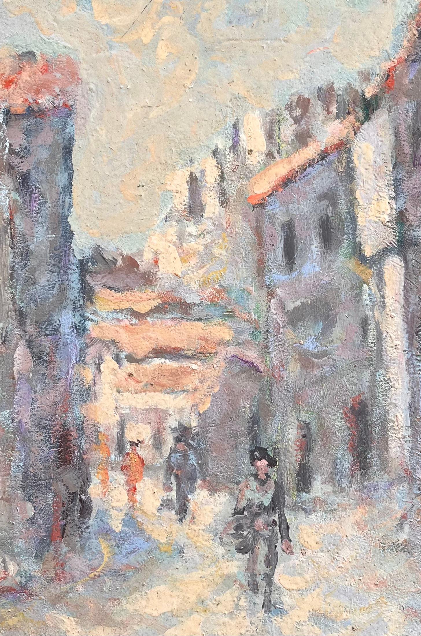 Französischer Impressionismus Straßenszene mit Figuren und sonnenbeschienenen Gebäuden im Angebot 3