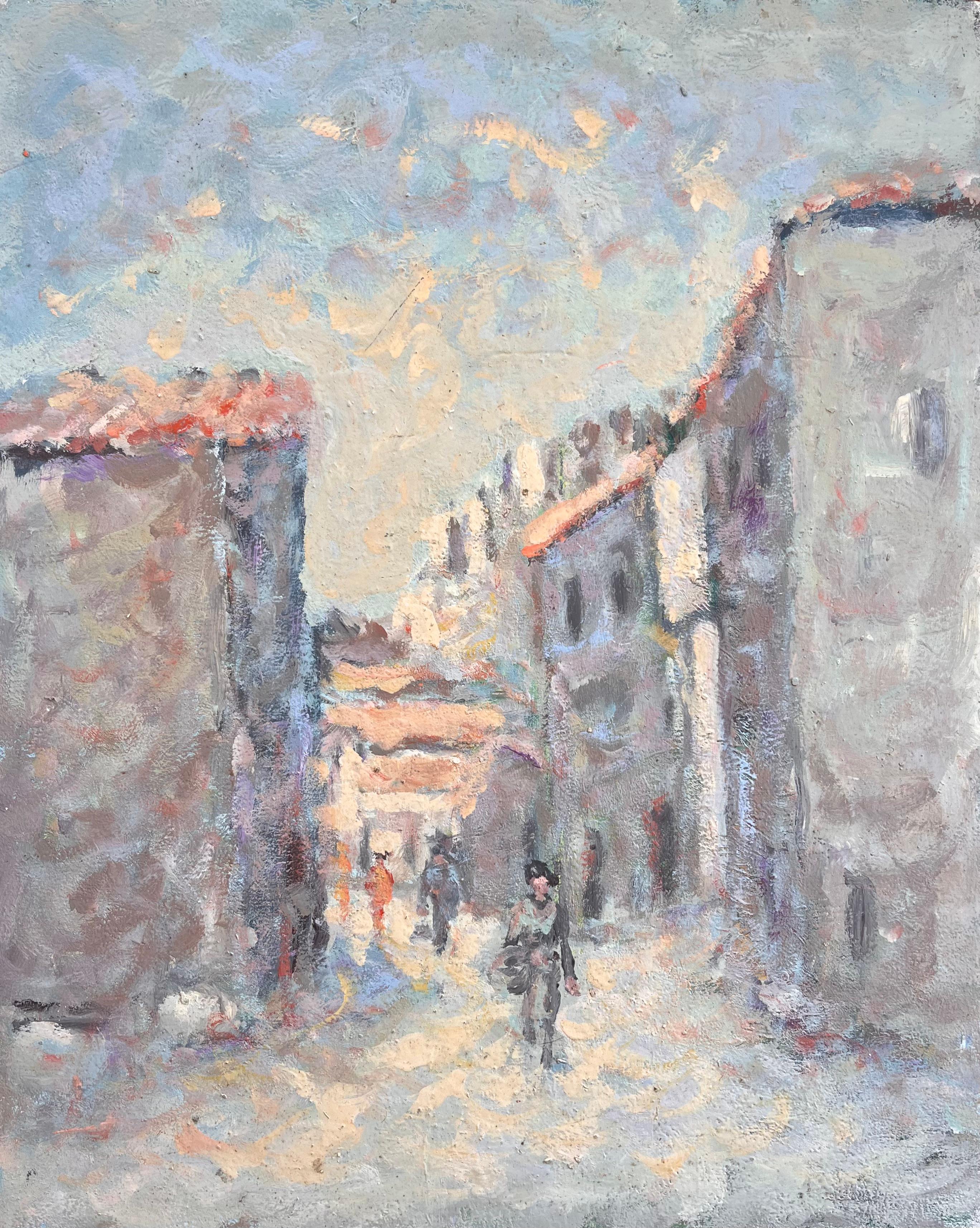 Scène de rue impressionniste française avec personnages et bâtiments éclairés par le soleil