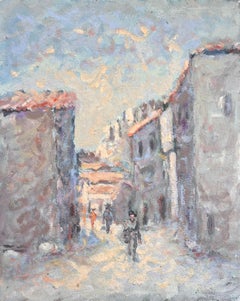French Impressionist Street Scene with Figures and Sunlit Buildings