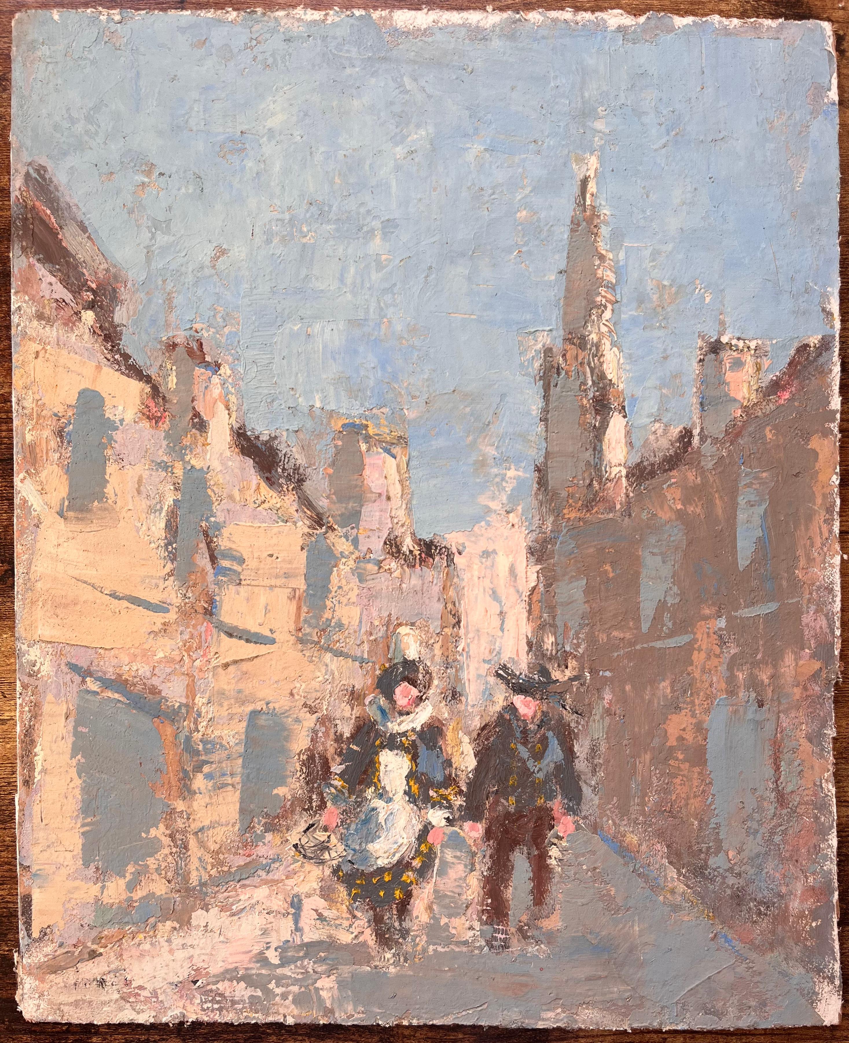 Französischer Impressionismus Straßenszene mit Figuren in traditioneller Kleidung – Painting von Fanch Lel