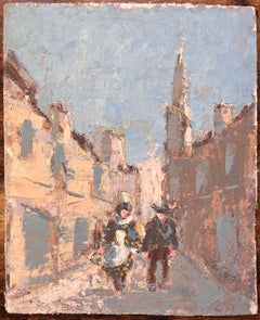 Scena di strada impressionista francese con personaggi in abiti tradizionali