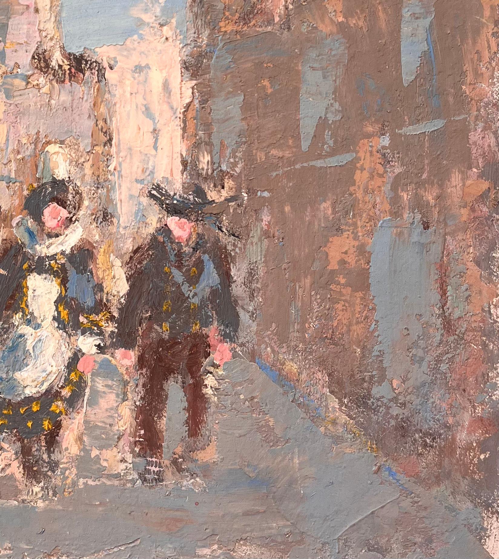 Französischer Impressionismus Straßenszene mit Figuren in traditioneller Kleidung (Braun), Landscape Painting, von Fanch Lel