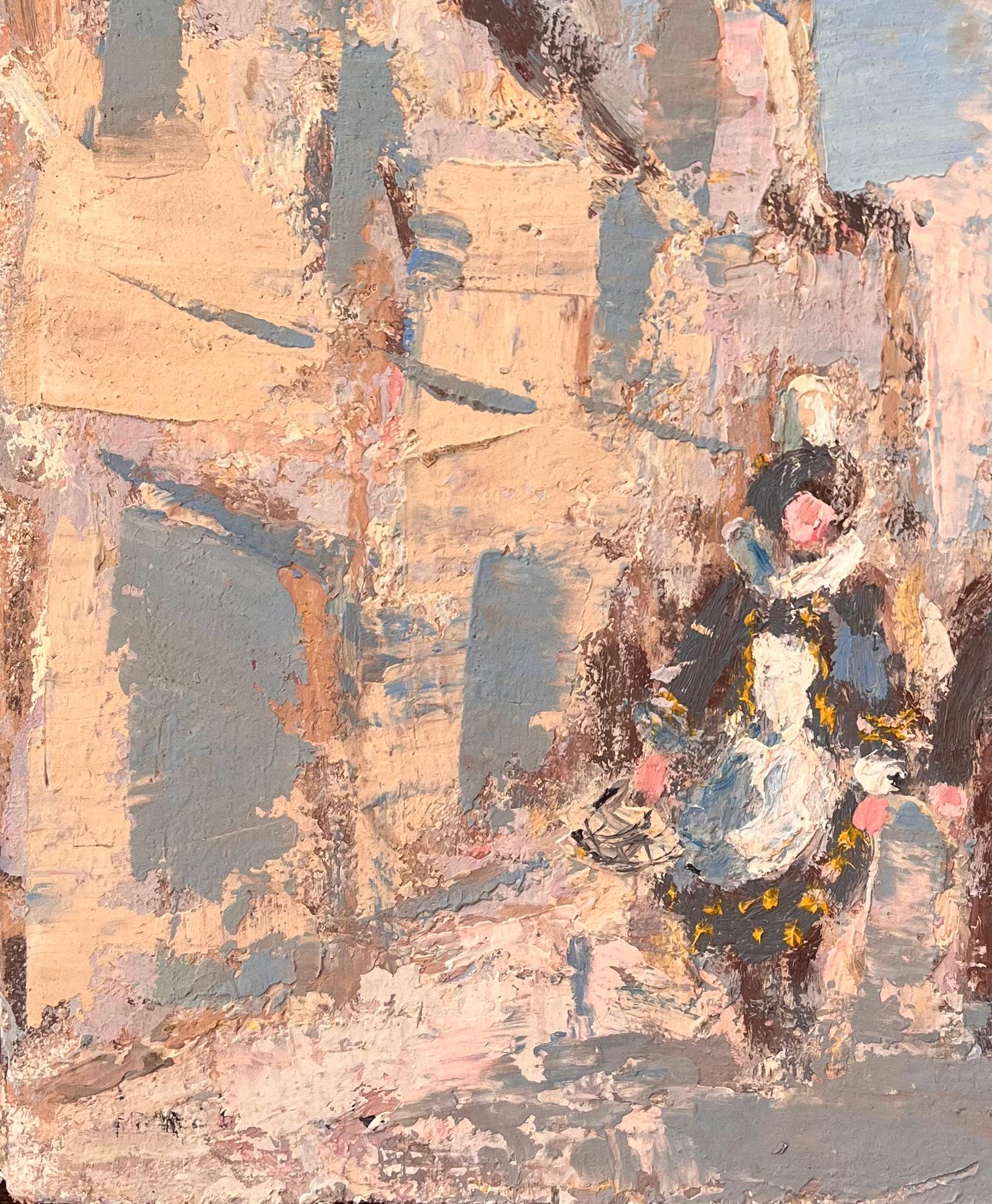 Titel: Französischer Impressionismus - Straßenszene mit Figuren in traditioneller Kleidung
Von Fanch Lel
Größe: 16 x 13 Zoll (Höhe x Breite)
Ölgemälde auf Karton, ungerahmt
Zustand: Das Gemälde ist in gutem Zustand mit ausdrucksstarker Textur;