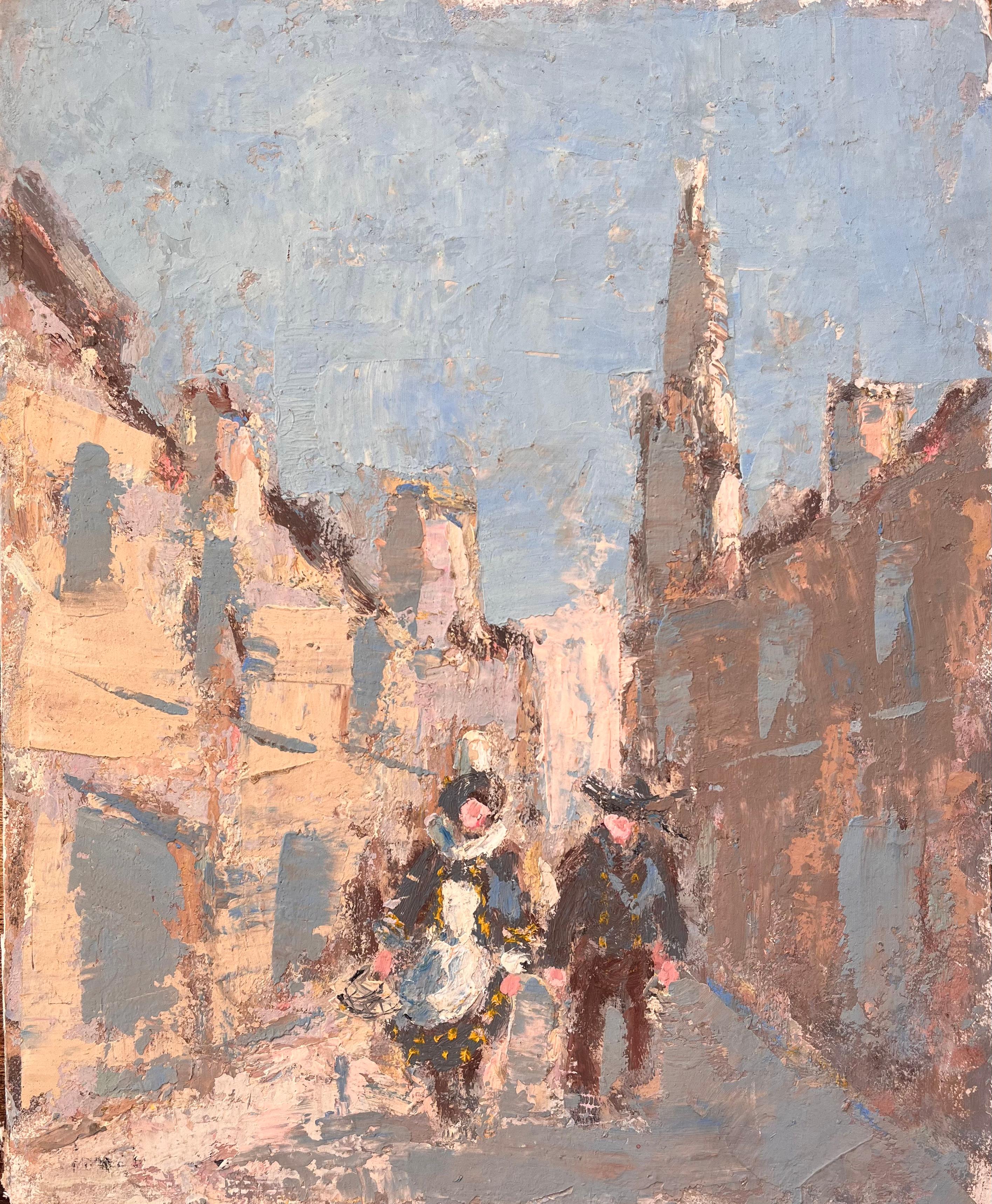 Scène de rue impressionniste française avec des personnages en robe traditionnelle