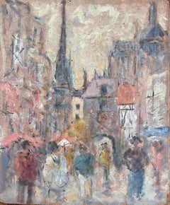 Vintage French Impressionist Street Scene with Figures Umbrellas and Cathedral Spire