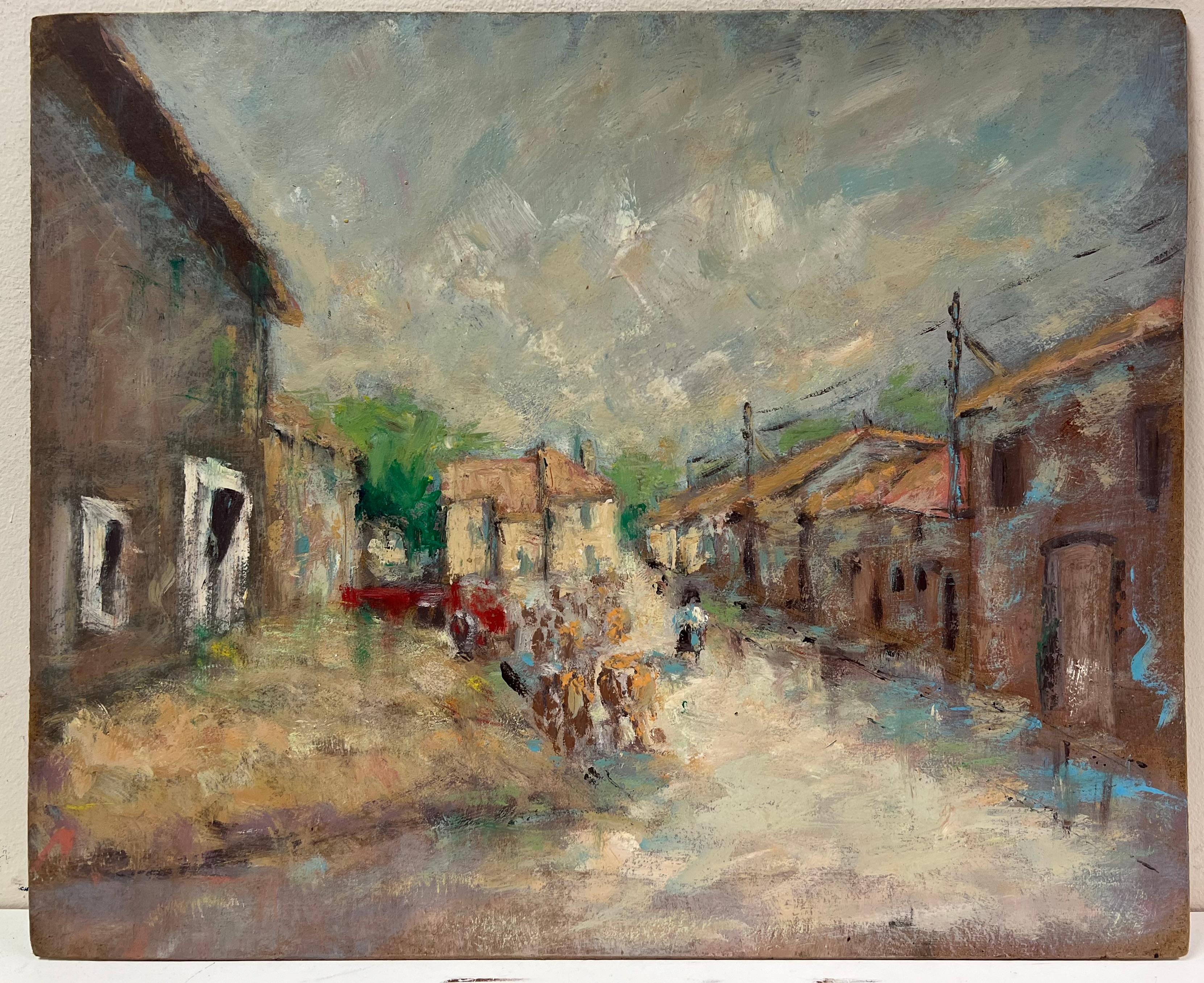 Escena callejera de pueblo con granjeros y ganado, impresionista francesa moteada por el sol - Painting de Fanch Lel