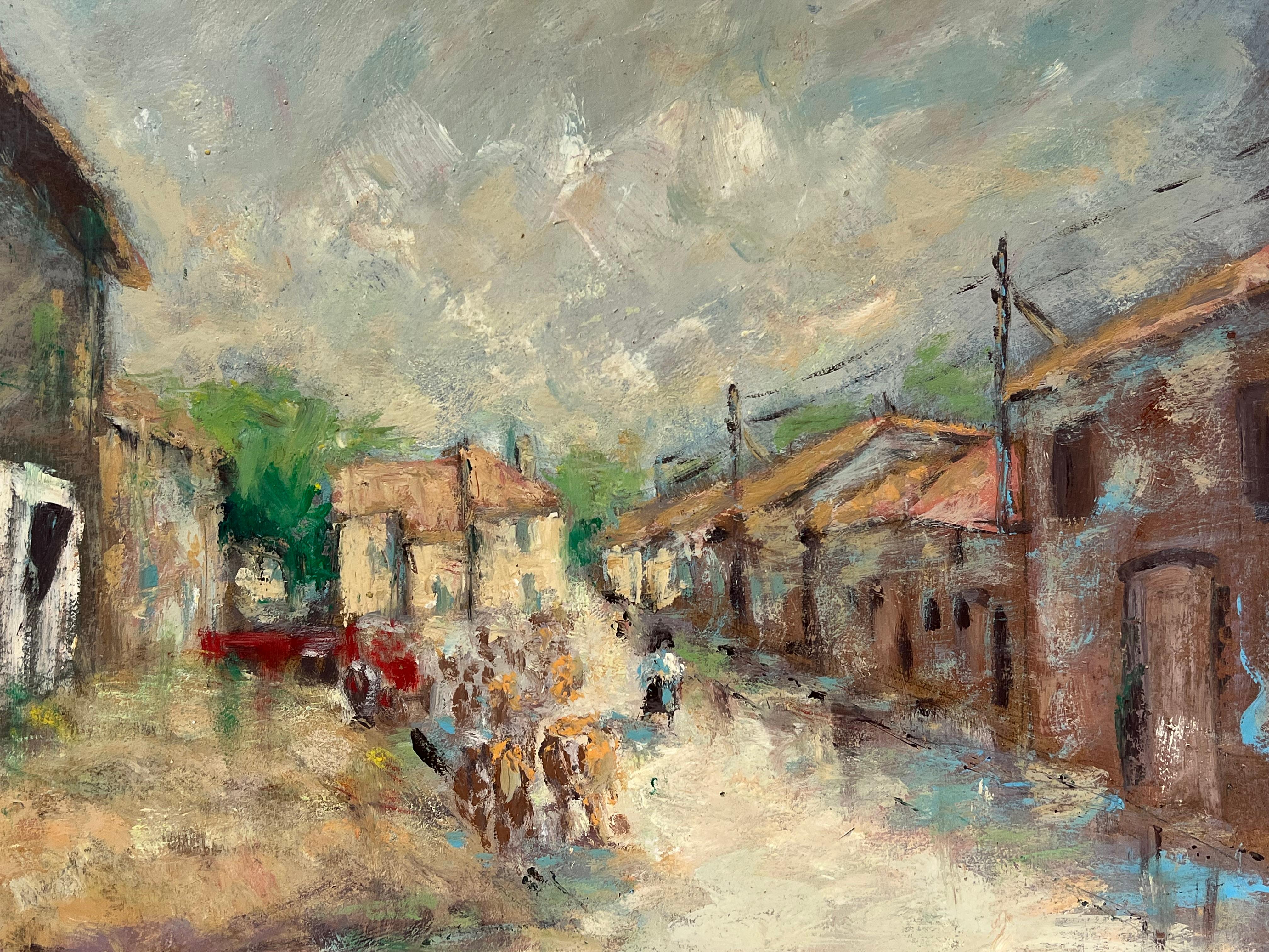 Escena callejera de pueblo con granjeros y ganado, impresionista francesa moteada por el sol - Painting Impresionista de Fanch Lel