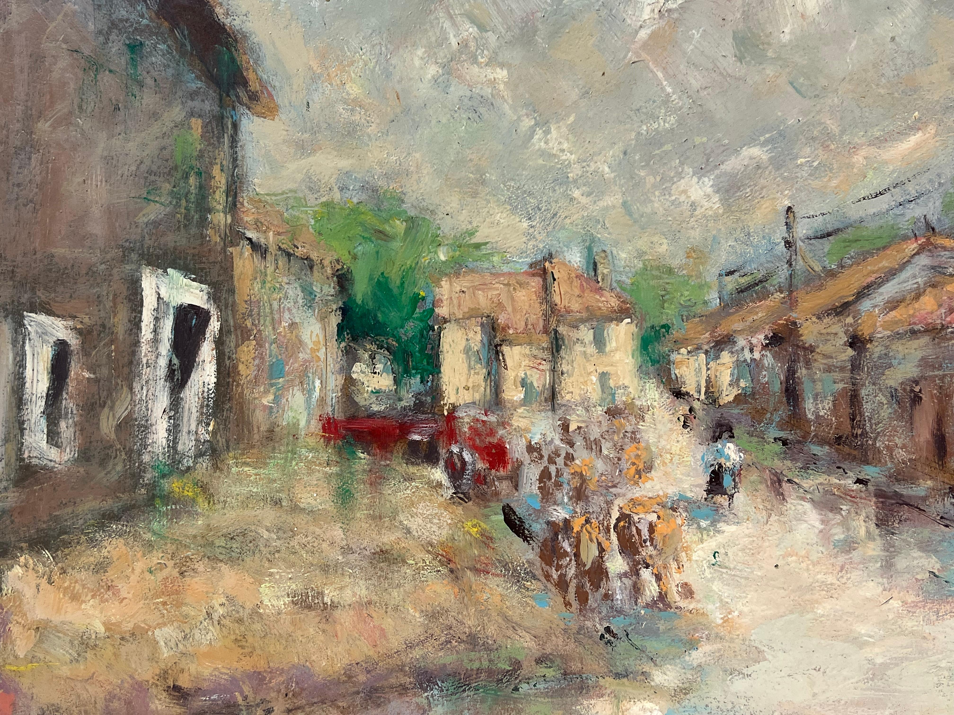 Escena de la calle del pueblo
Por Fanch Lel (francés, 1930)
Tamaño: 15 x 18 pulgadas
Óleo sobre tabla, sin enmarcar
Estado de conservación: El cuadro está en buen estado, con pequeños signos de envejecimiento.
Procedencia: Todos los cuadros de este