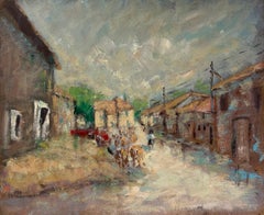 Französischer Impressionist Sun Dappled Village Street Scene mit Bauern & Vieh