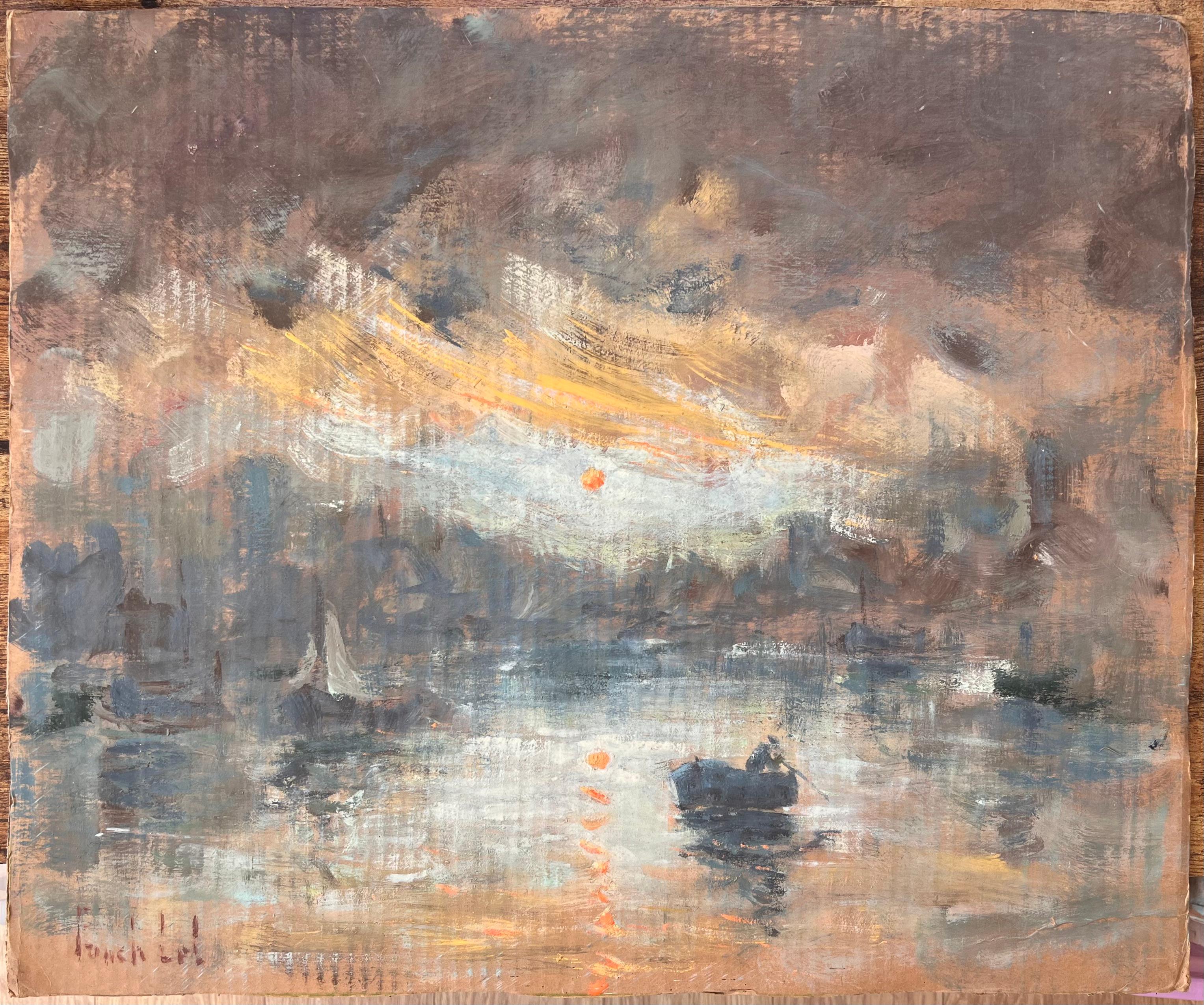 Sunrise impressionniste française au-dessus de Saint Malo avec voilier par Fanch Lel en vente 1