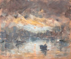 Vintage French Impressionist Sunrise over Saint Malo with Rowboat by Fanch Lel