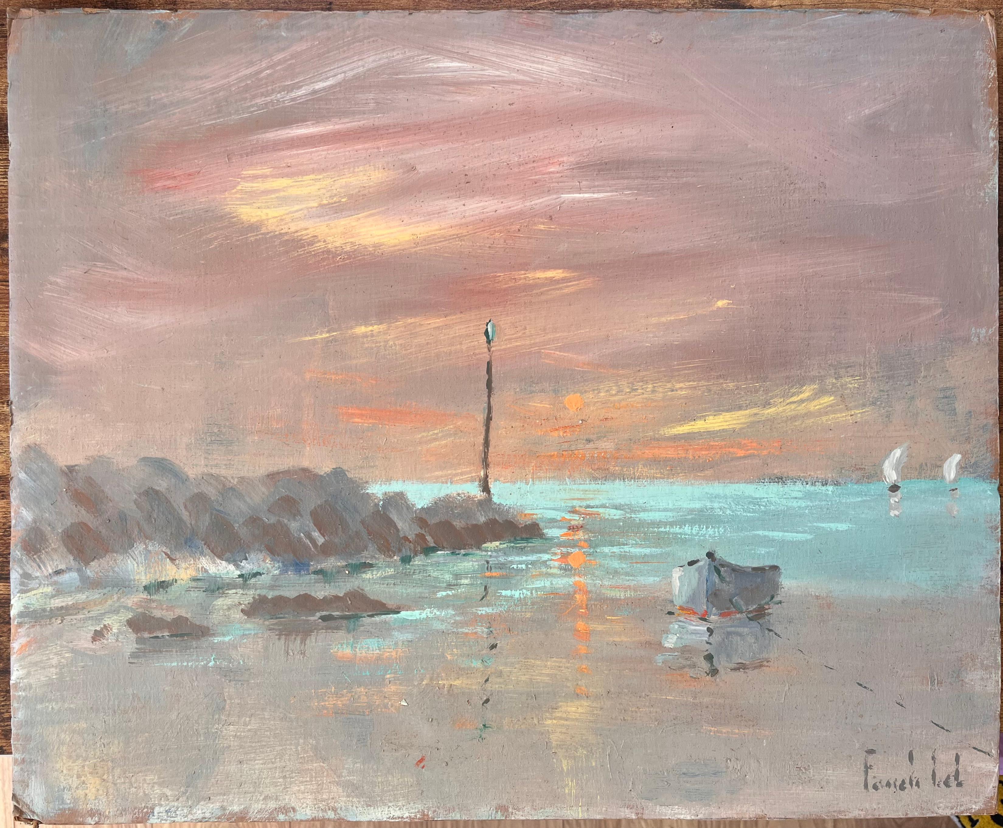 Französische impressionistische Sonnenuntergang- Meereslandschaft mit Boot und Leuchtturm- Marker – Painting von Fanch Lel