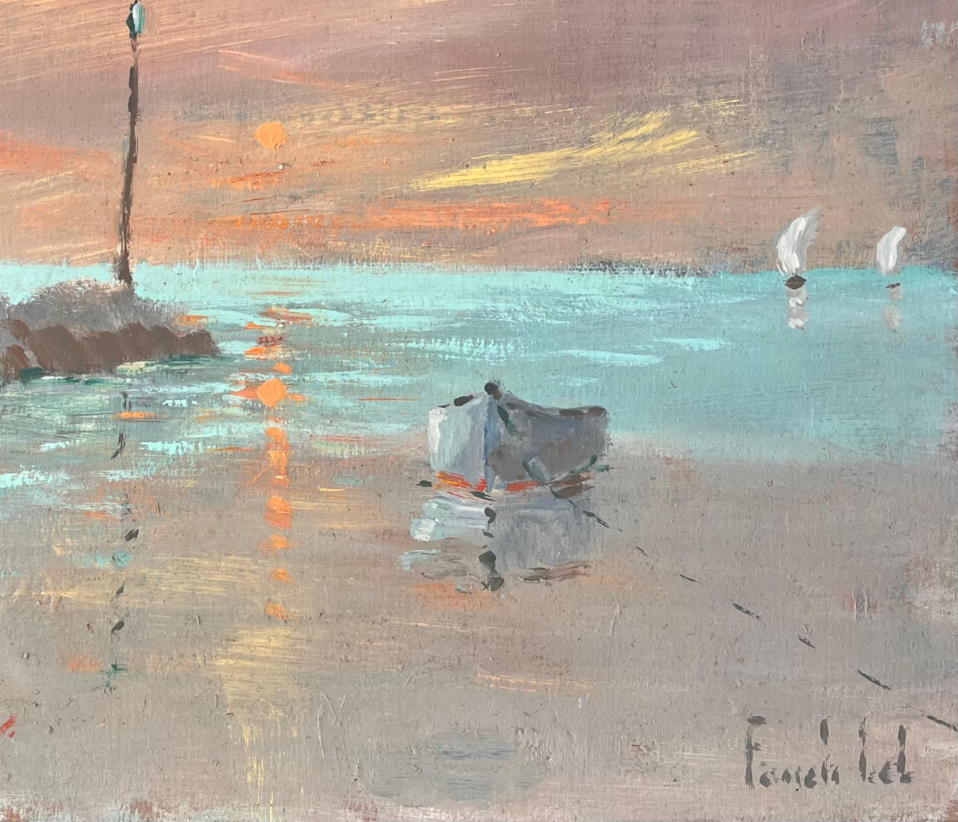 Französische impressionistische Sonnenuntergang- Meereslandschaft mit Boot und Leuchtturm- Marker (Impressionismus), Painting, von Fanch Lel