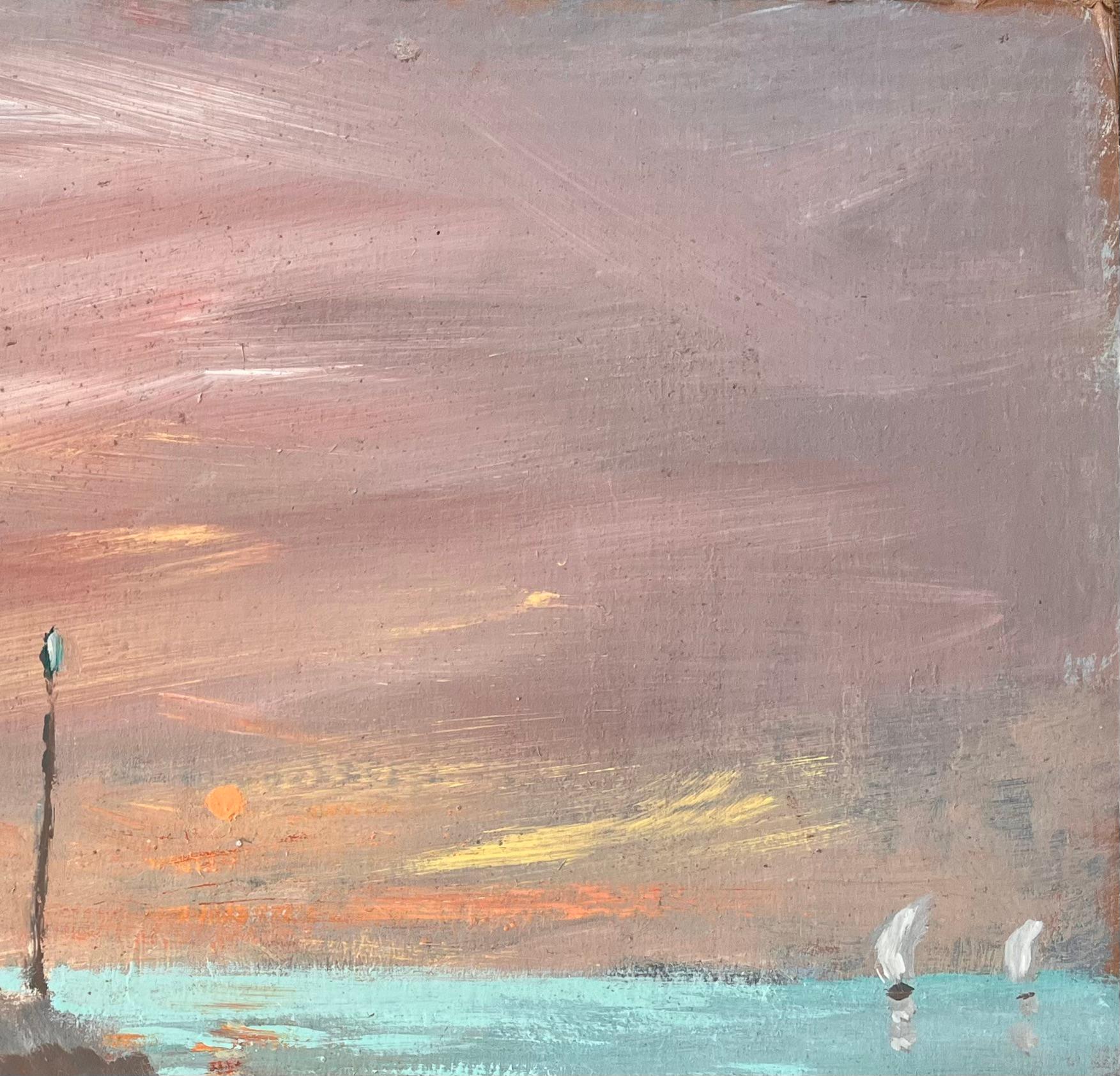 Französische impressionistische Sonnenuntergang- Meereslandschaft mit Boot und Leuchtturm- Marker (Braun), Abstract Painting, von Fanch Lel