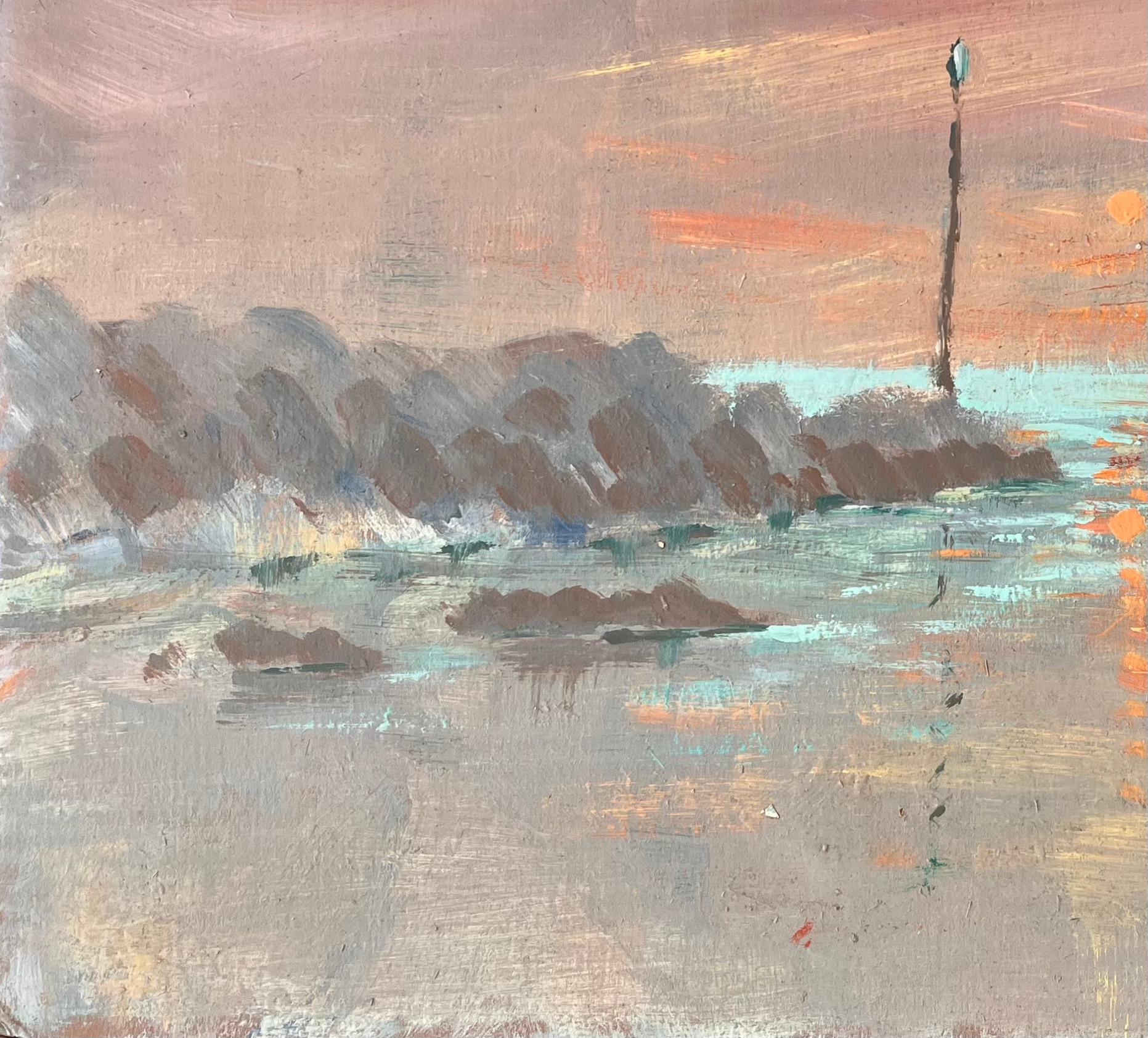 Titel: Französischer Impressionist Sonnenuntergang Seelandschaft mit Boot und Leuchtturm Marker
Von Fanch Lel
Unterschrieben: Ja
Größe: 19,75 x 24 Zoll (Höhe x Breite)
Ölgemälde auf Karton, ungerahmt
Zustand: Insgesamt guter Zustand mit leichten