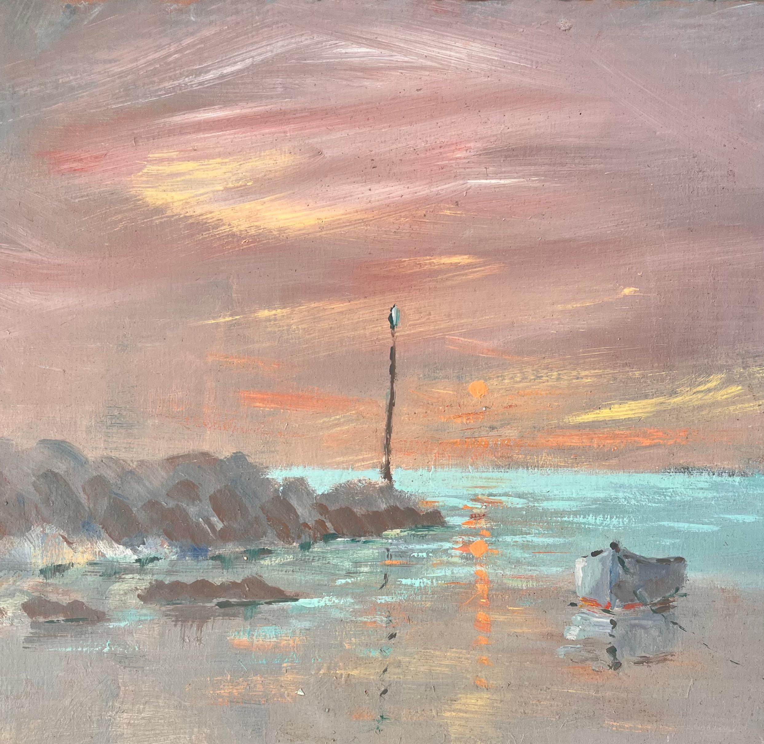 Französische impressionistische Sonnenuntergang- Meereslandschaft mit Boot und Leuchtturm- Marker im Angebot 1